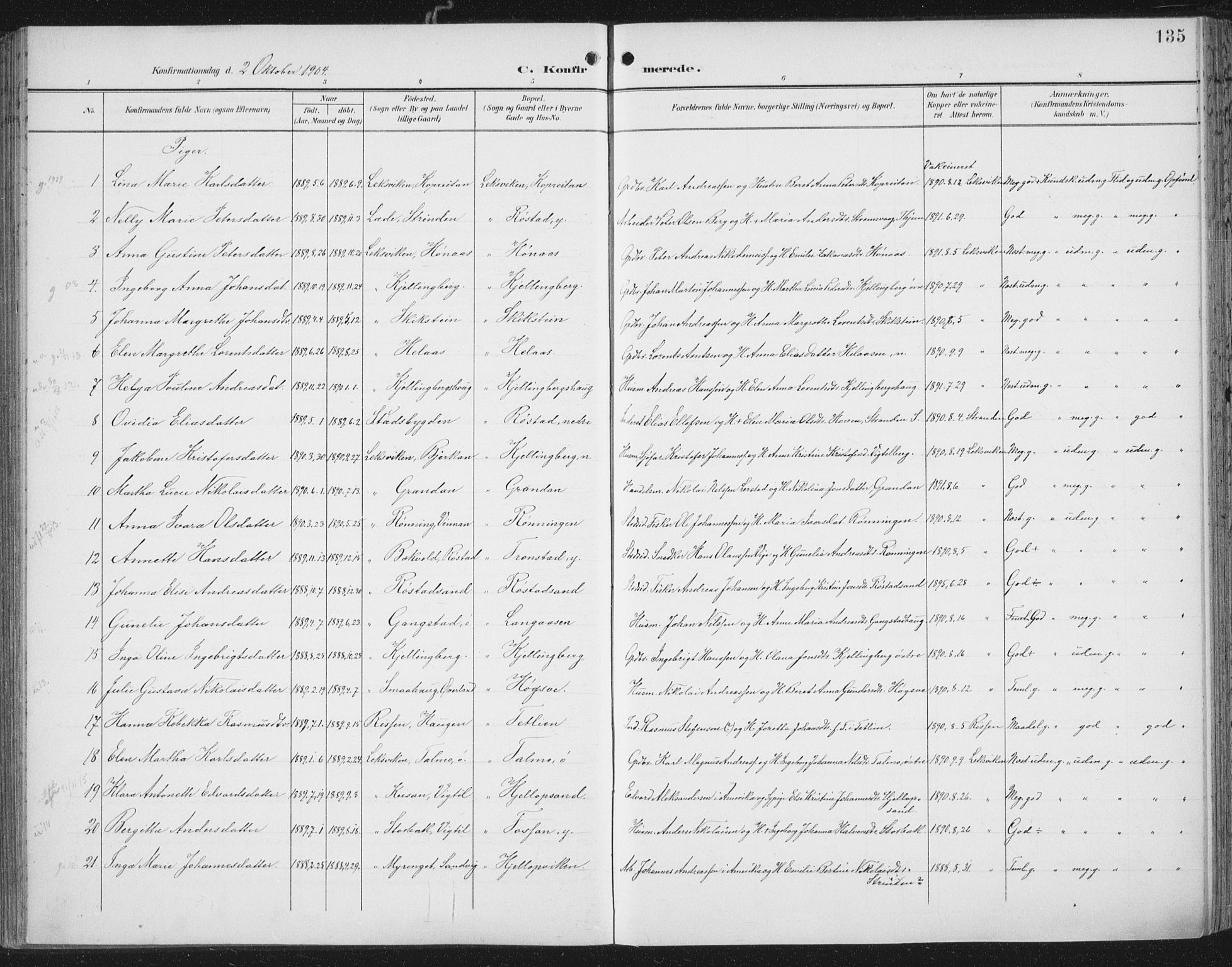 Ministerialprotokoller, klokkerbøker og fødselsregistre - Nord-Trøndelag, AV/SAT-A-1458/701/L0011: Parish register (official) no. 701A11, 1899-1915, p. 135