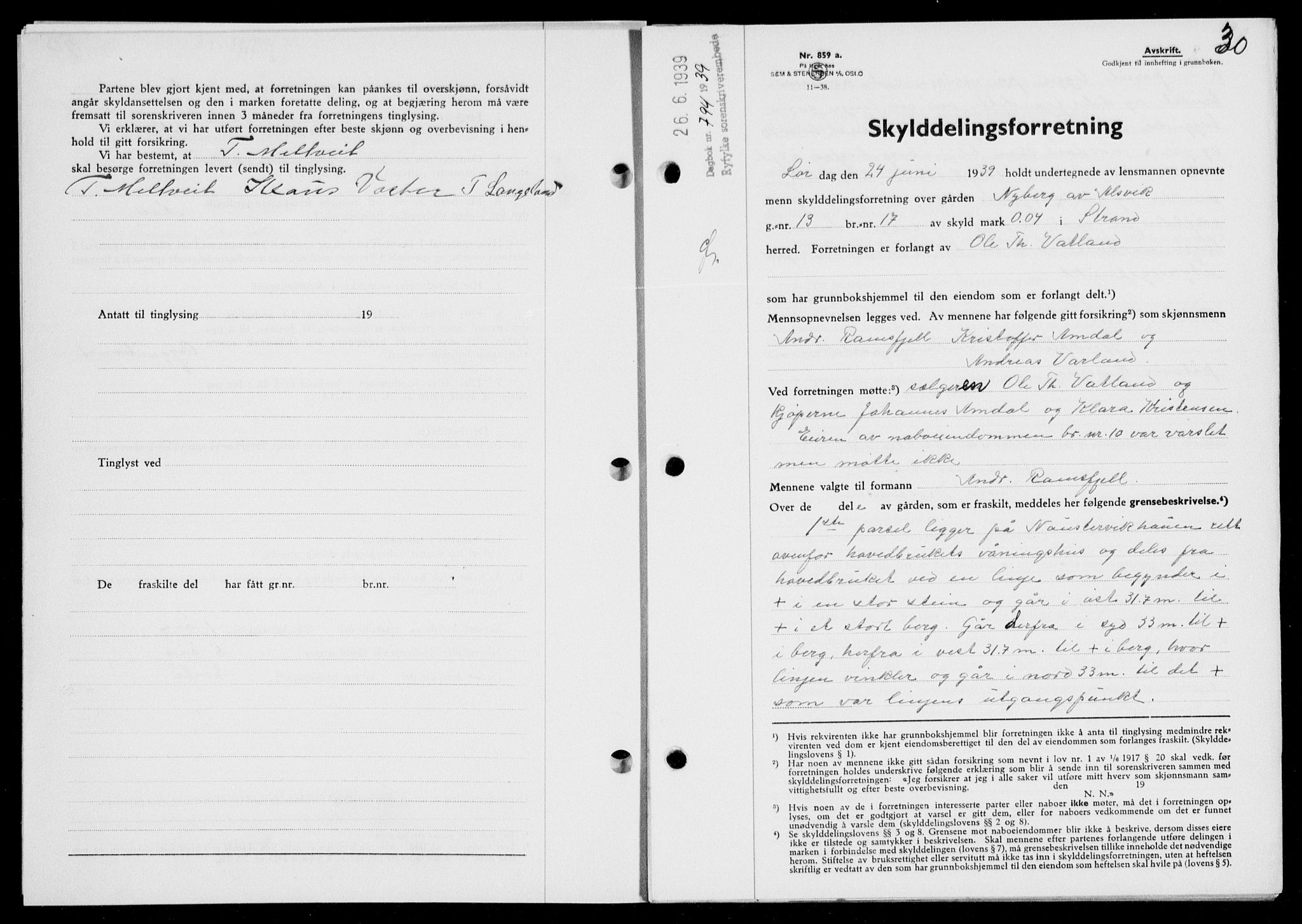 Ryfylke tingrett, SAST/A-100055/001/II/IIB/L0080: Mortgage book no. 59, 1939-1939, Diary no: : 794/1939