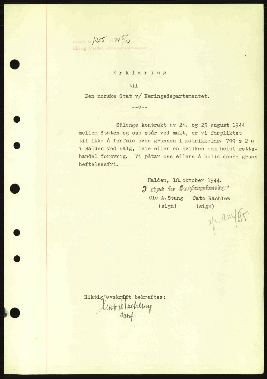 Idd og Marker sorenskriveri, AV/SAO-A-10283/G/Gb/Gbc/L0002: Mortgage book no. B4-9a, 1939-1945, Diary no: : 1205/1944