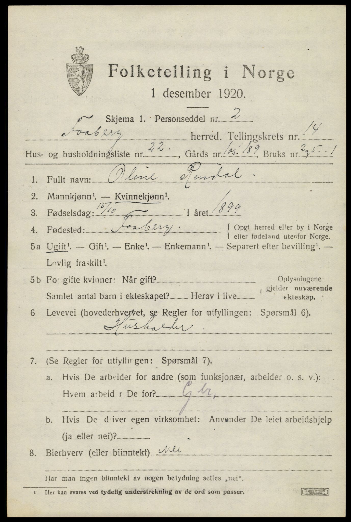 SAH, 1920 census for Fåberg, 1920, p. 15010