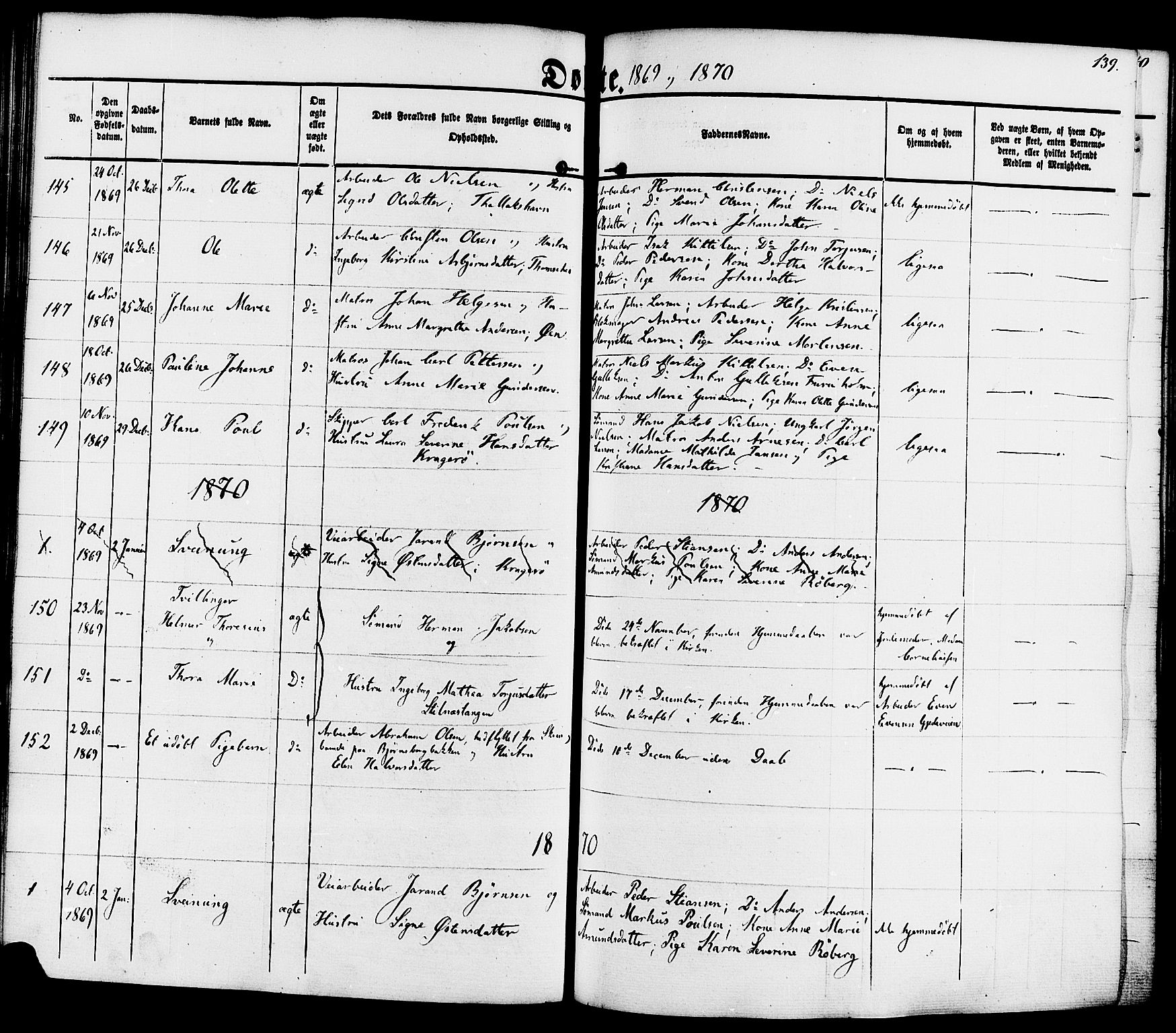 Kragerø kirkebøker, SAKO/A-278/F/Fa/L0007: Parish register (official) no. 7, 1861-1875, p. 139