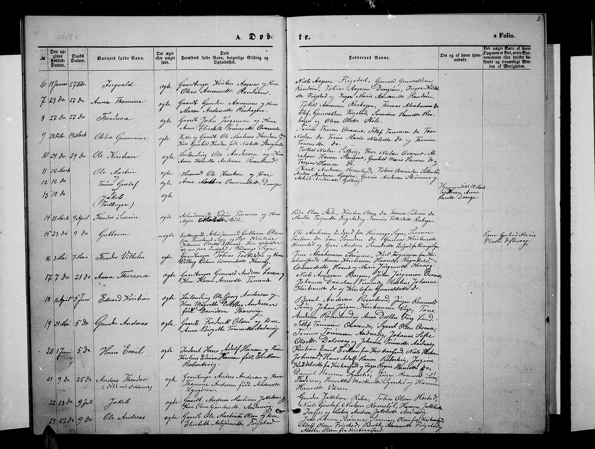 Oddernes sokneprestkontor, AV/SAK-1111-0033/F/Fb/Fbb/L0001: Parish register (copy) no. B 1, 1871-1888, p. 11