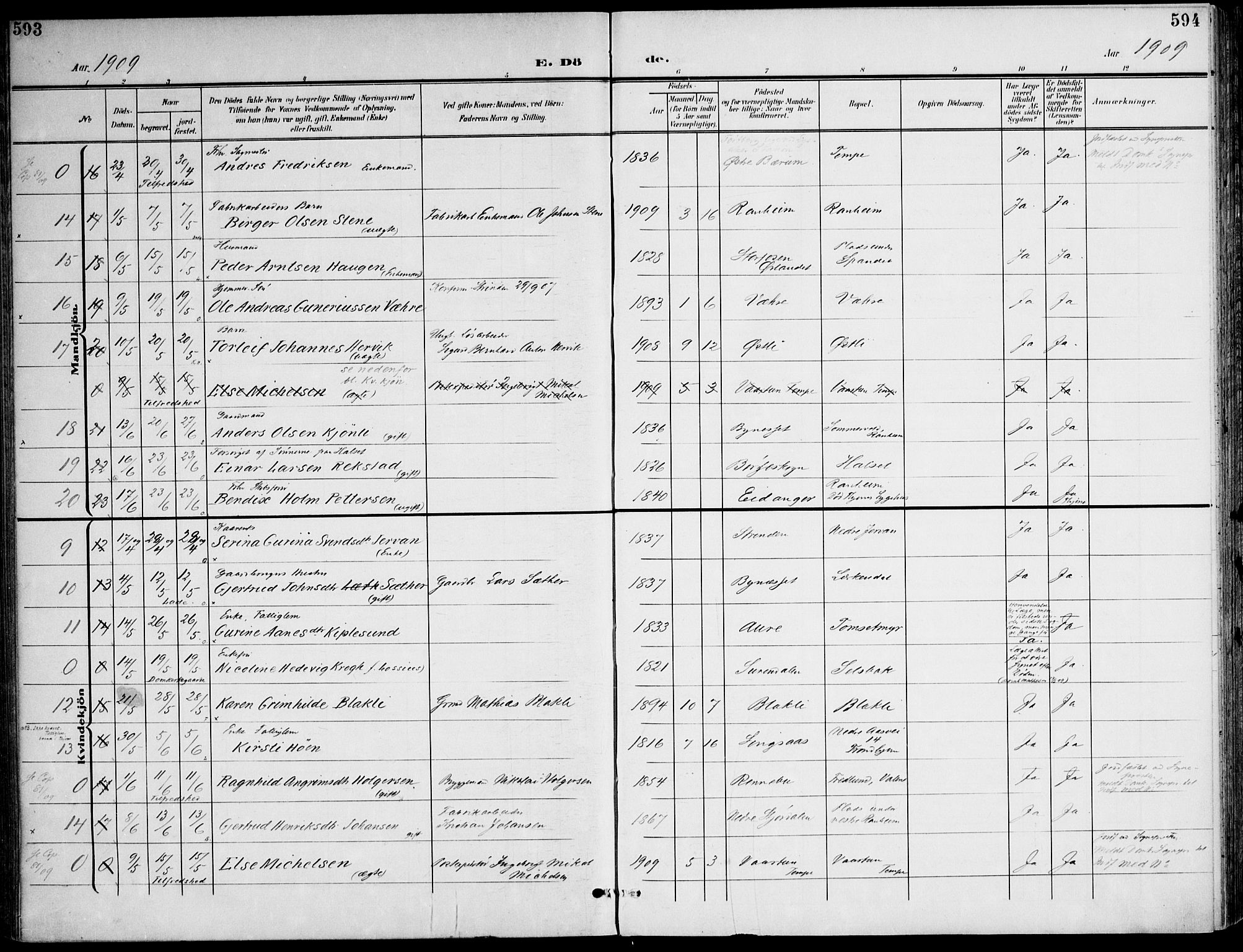 Ministerialprotokoller, klokkerbøker og fødselsregistre - Sør-Trøndelag, AV/SAT-A-1456/607/L0320: Parish register (official) no. 607A04, 1907-1915, p. 593-594