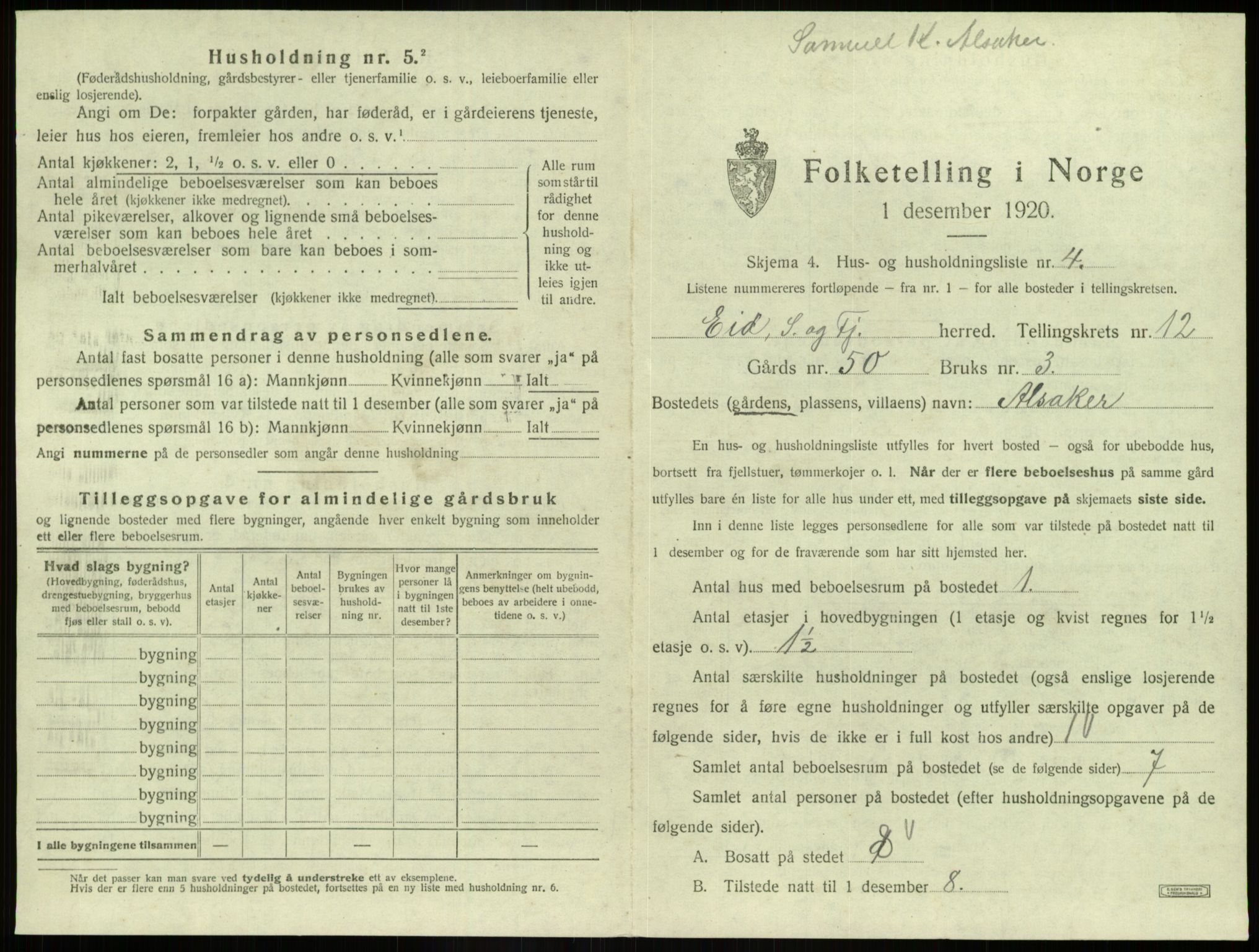 SAB, 1920 census for Eid, 1920, p. 1006