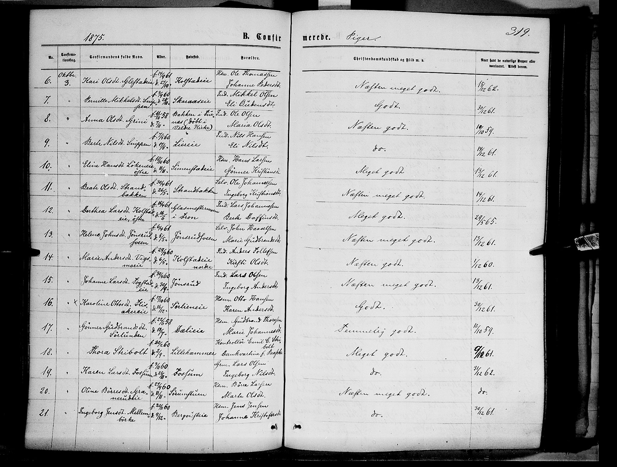 Ringsaker prestekontor, AV/SAH-PREST-014/K/Ka/L0011: Parish register (official) no. 11, 1870-1878, p. 319