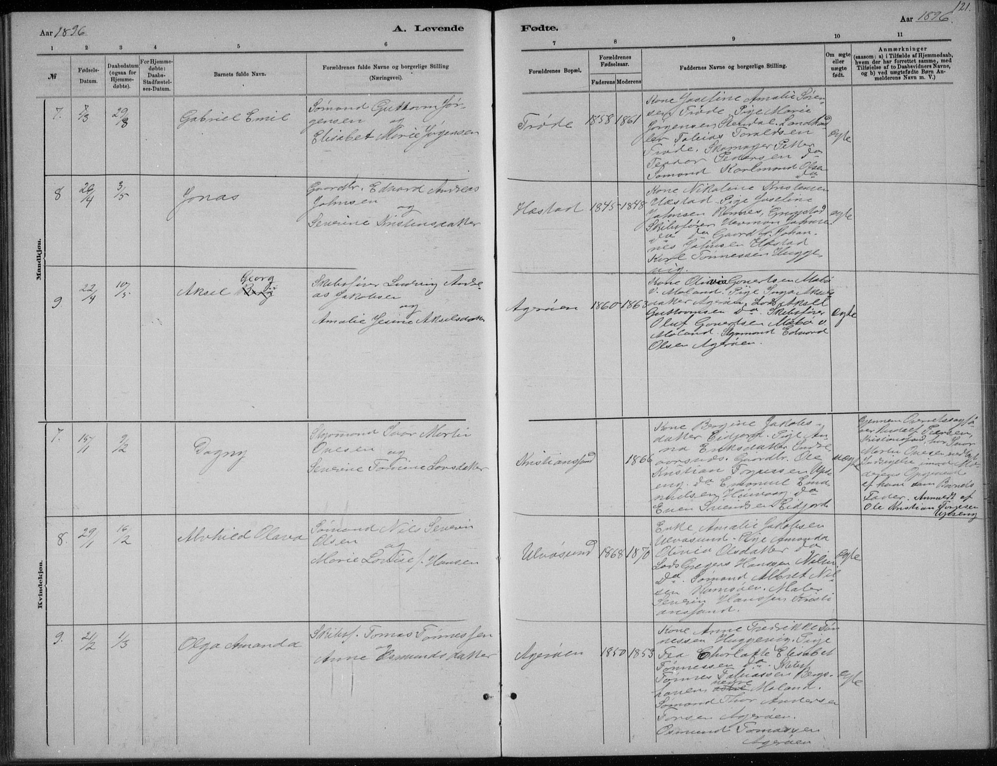 Høvåg sokneprestkontor, SAK/1111-0025/F/Fb/L0004: Parish register (copy) no. B 4, 1883-1898, p. 121