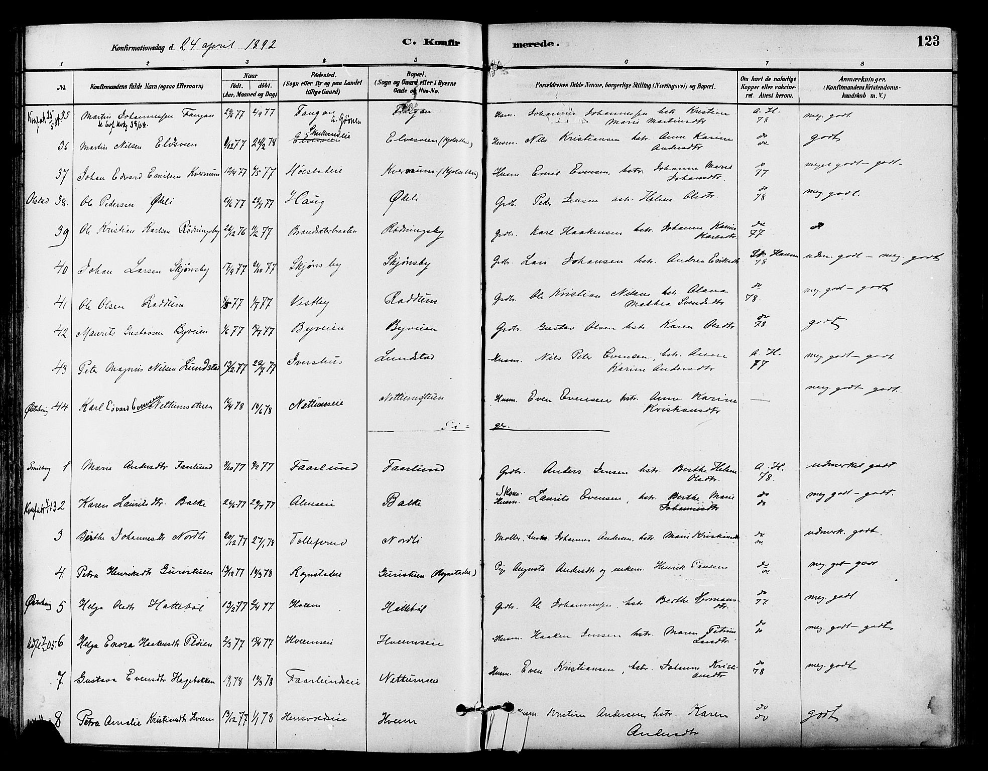 Østre Toten prestekontor, AV/SAH-PREST-104/H/Ha/Haa/L0007: Parish register (official) no. 7, 1881-1896, p. 123