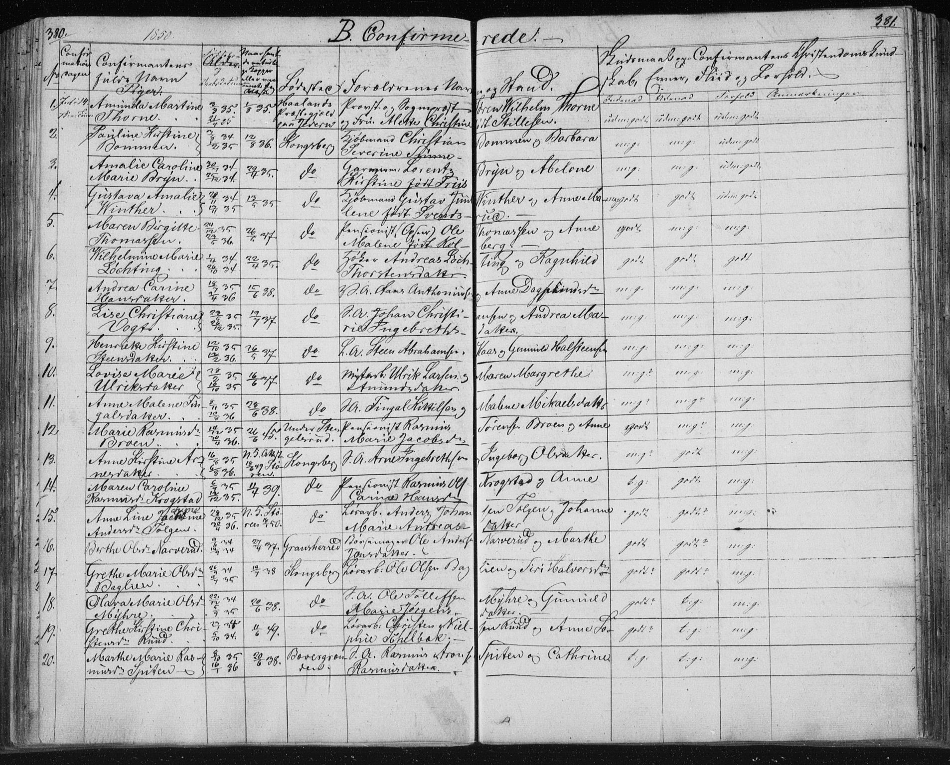 Kongsberg kirkebøker, AV/SAKO-A-22/F/Fa/L0009: Parish register (official) no. I 9, 1839-1858, p. 380-381