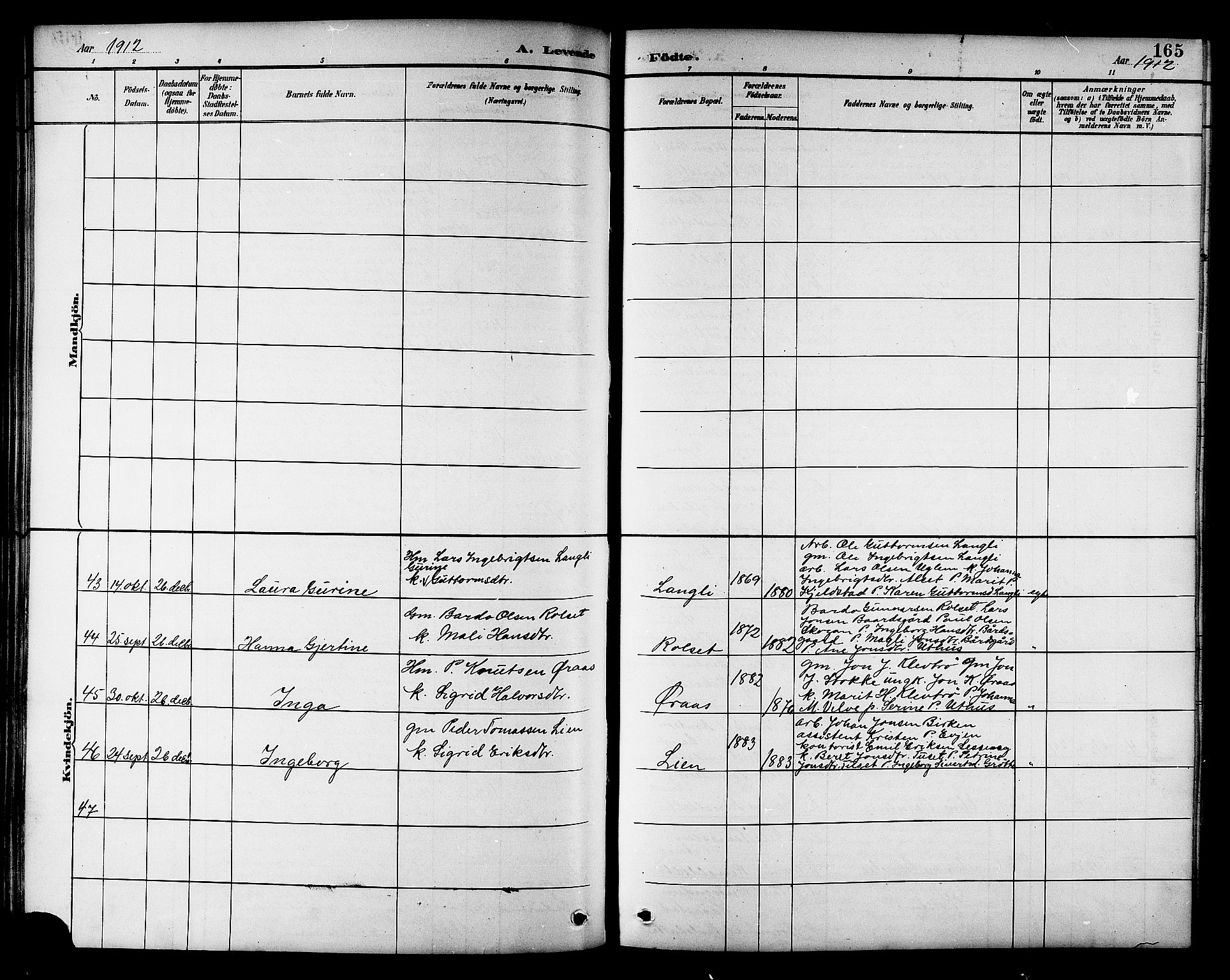 Ministerialprotokoller, klokkerbøker og fødselsregistre - Sør-Trøndelag, SAT/A-1456/695/L1157: Parish register (copy) no. 695C08, 1889-1913, p. 165