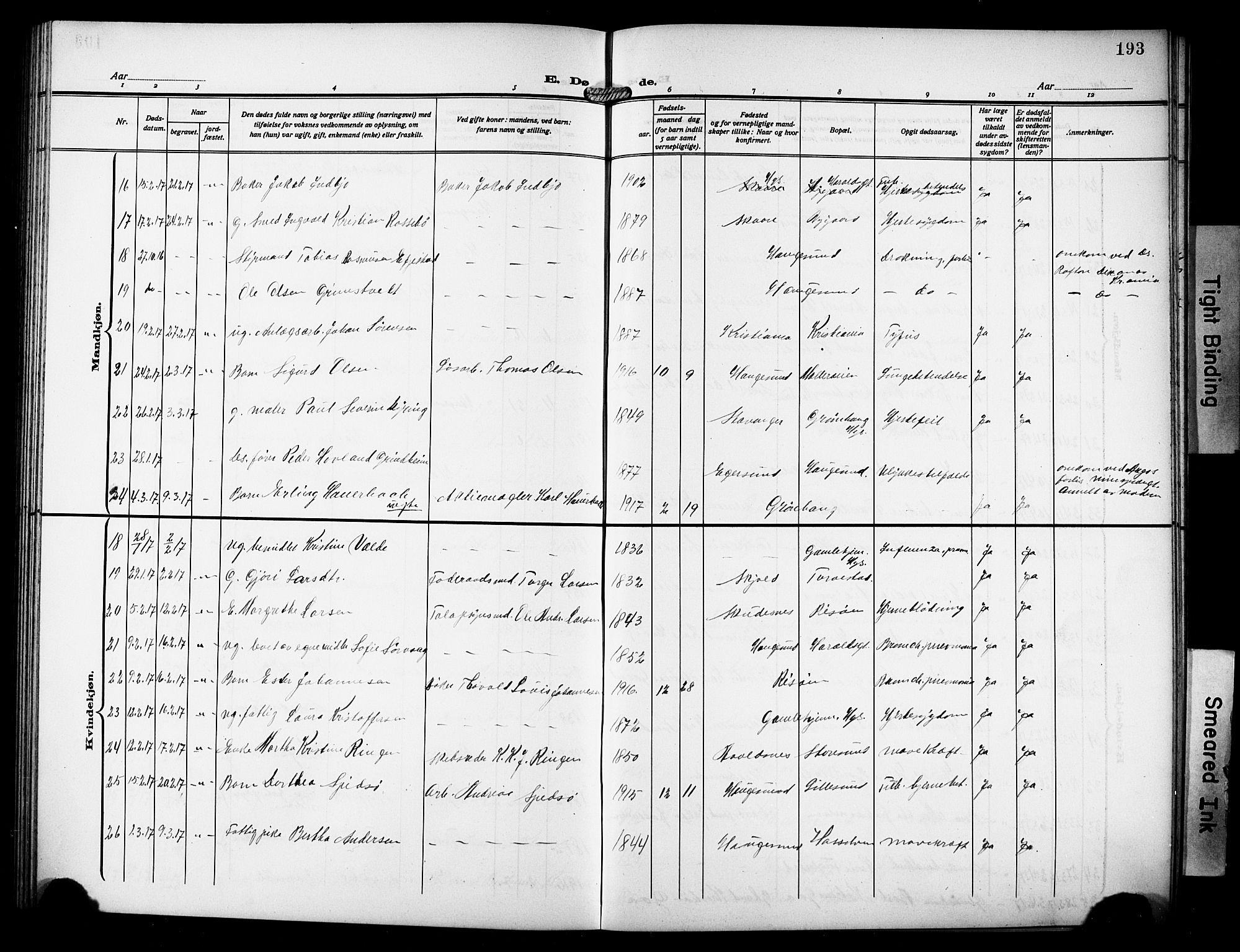 Haugesund sokneprestkontor, AV/SAST-A -101863/H/Ha/Hab/L0008: Parish register (copy) no. B 8, 1909-1921, p. 193