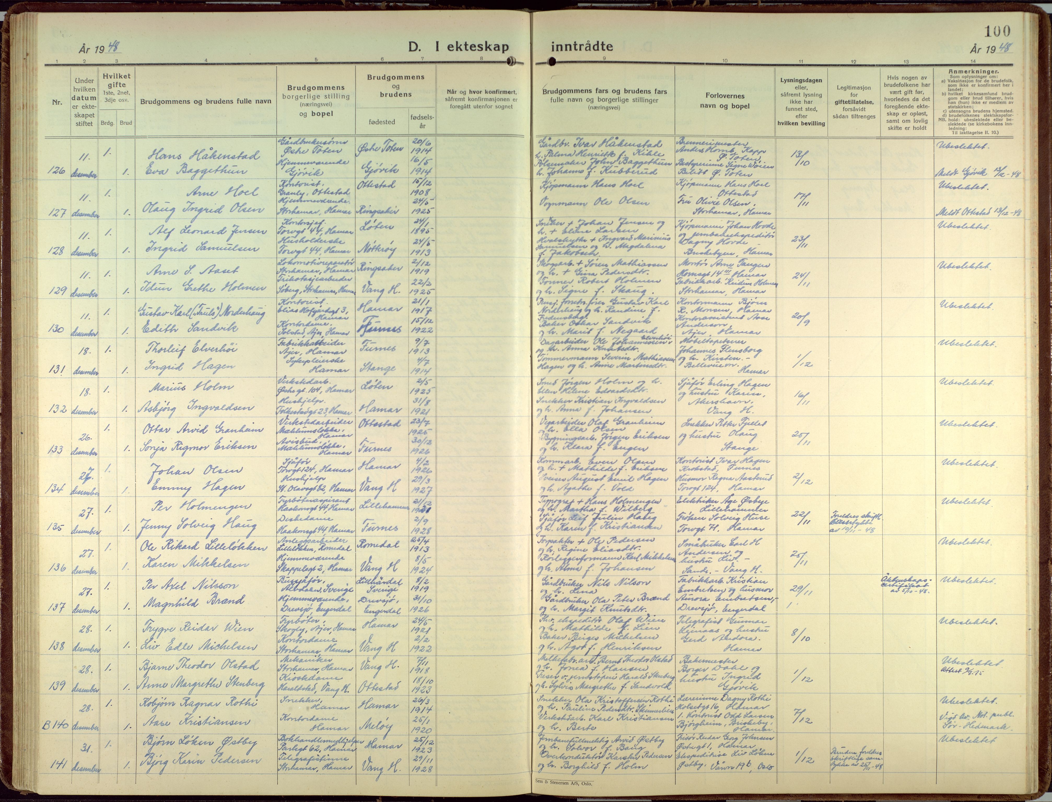 Hamar prestekontor, AV/SAH-DOMPH-002/H/Ha/Haa/L0006: Parish register (official) no. 6, 1931-1953, p. 100