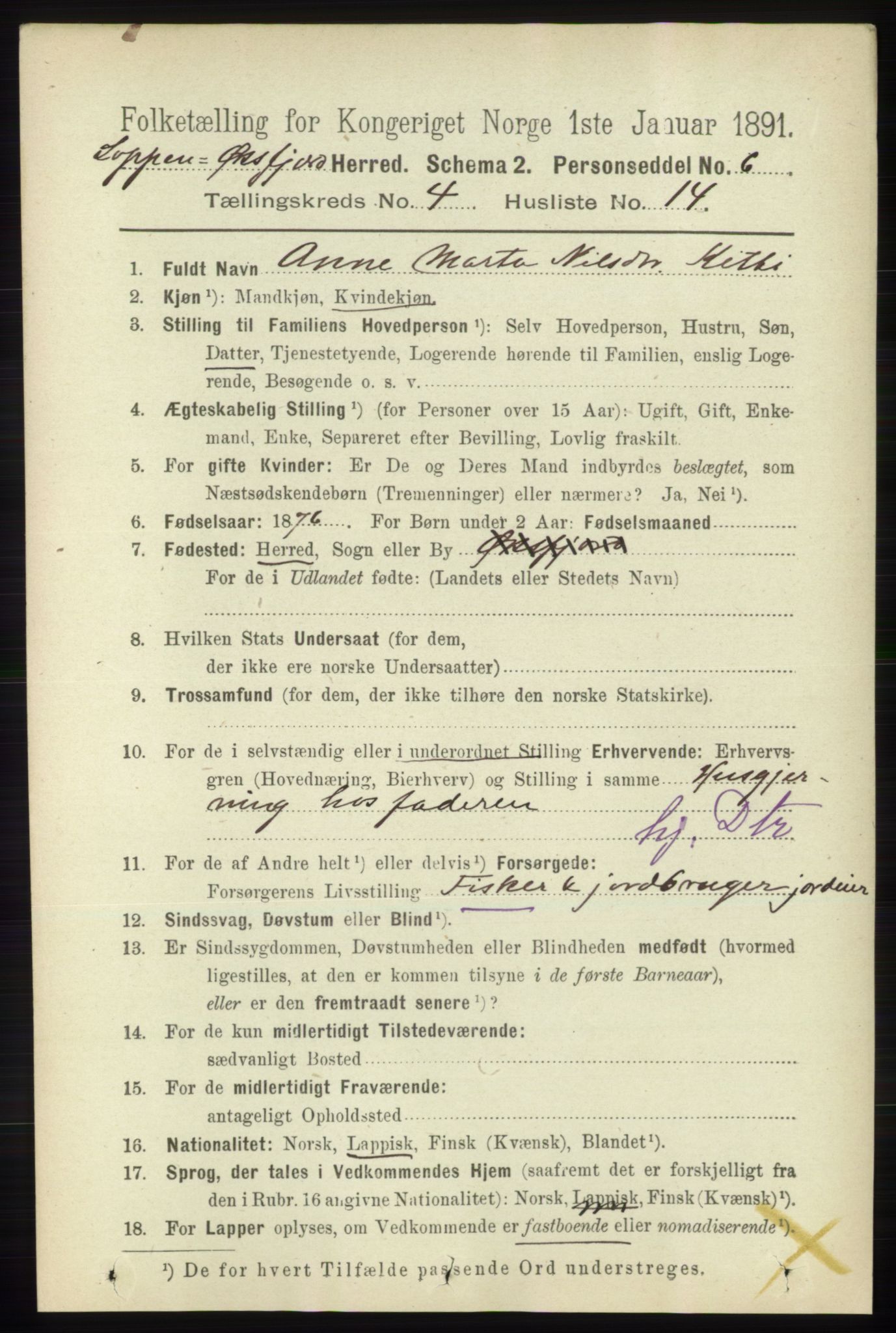 RA, 1891 census for 2014 Loppa, 1891, p. 949