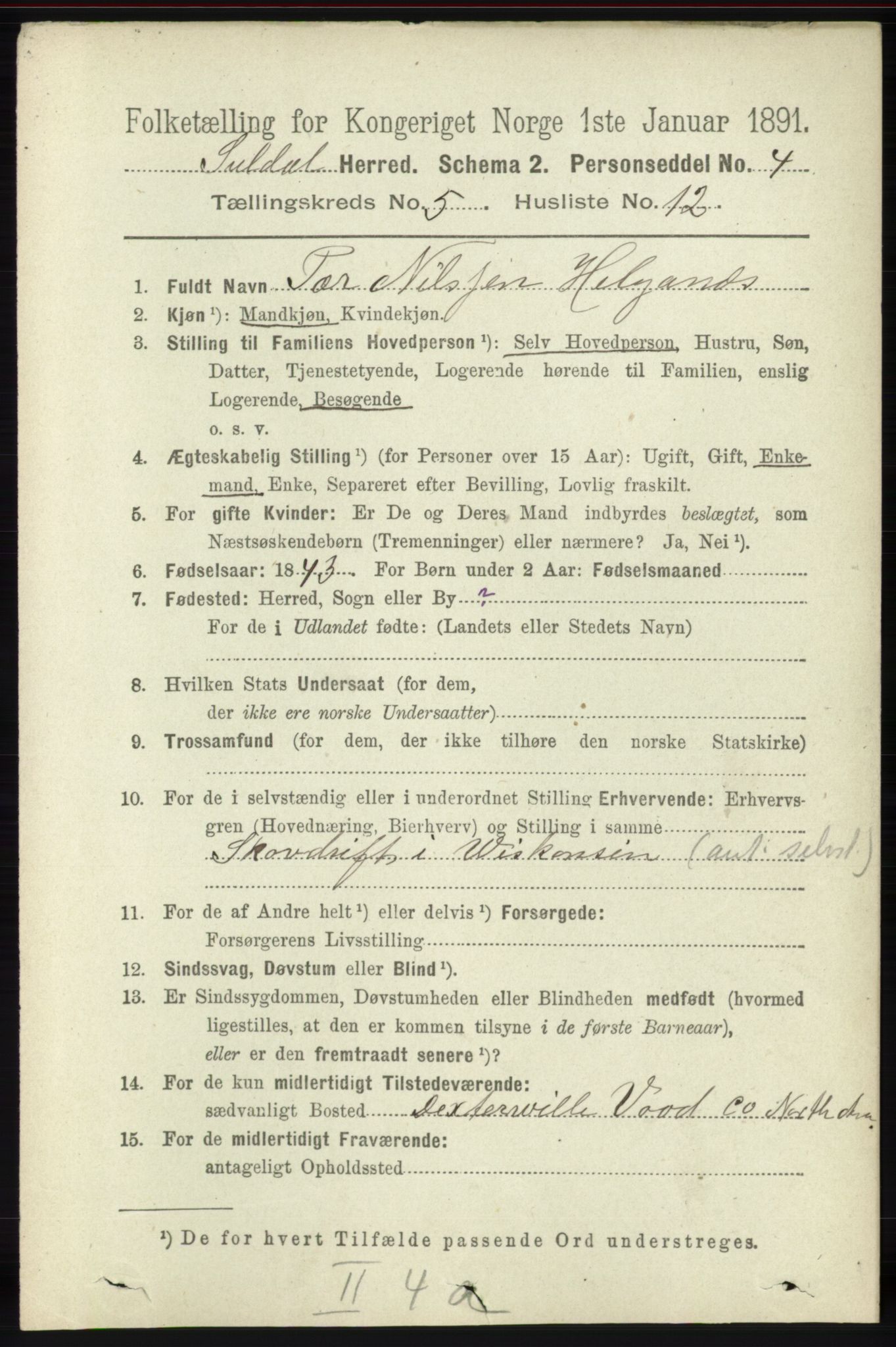 RA, 1891 census for 1134 Suldal, 1891, p. 1527