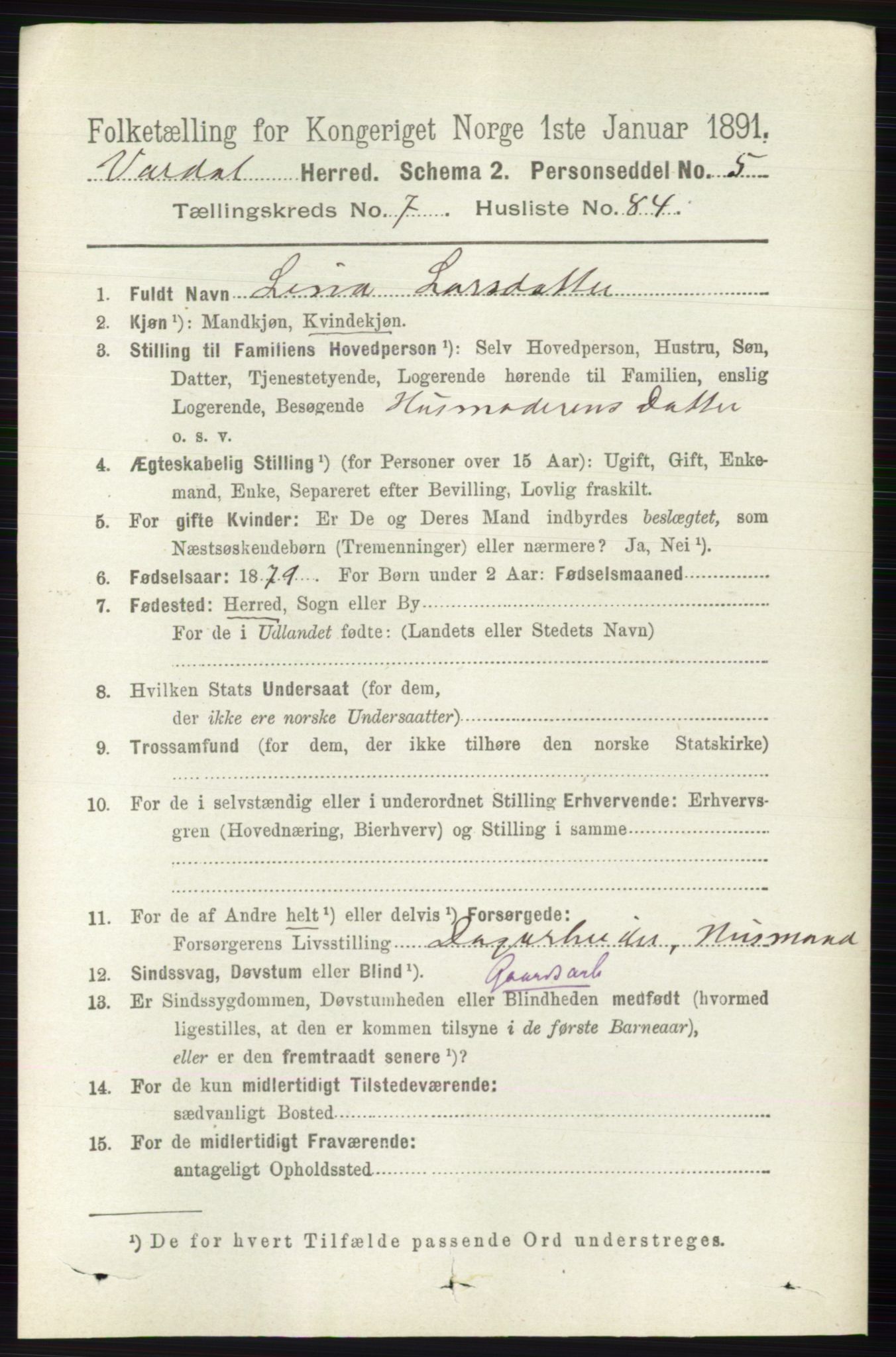 RA, 1891 census for 0527 Vardal, 1891, p. 3562