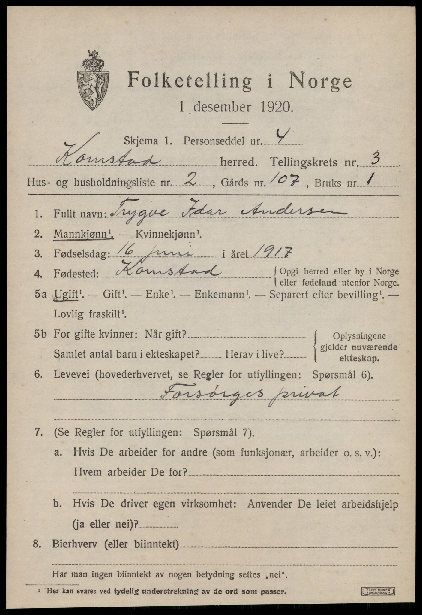 SAT, 1920 census for Kornstad, 1920, p. 1925