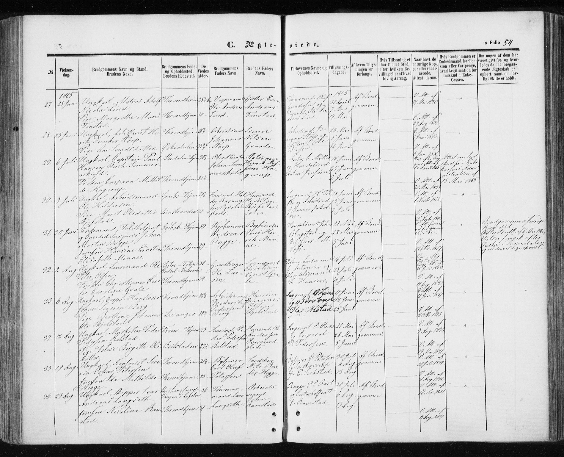 Ministerialprotokoller, klokkerbøker og fødselsregistre - Sør-Trøndelag, AV/SAT-A-1456/601/L0053: Parish register (official) no. 601A21, 1857-1865, p. 54