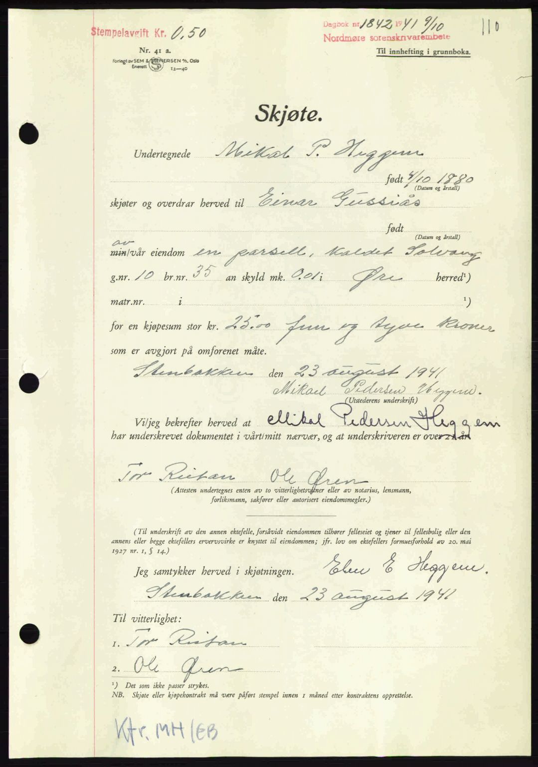 Nordmøre sorenskriveri, AV/SAT-A-4132/1/2/2Ca: Mortgage book no. A91, 1941-1942, Diary no: : 1842/1941