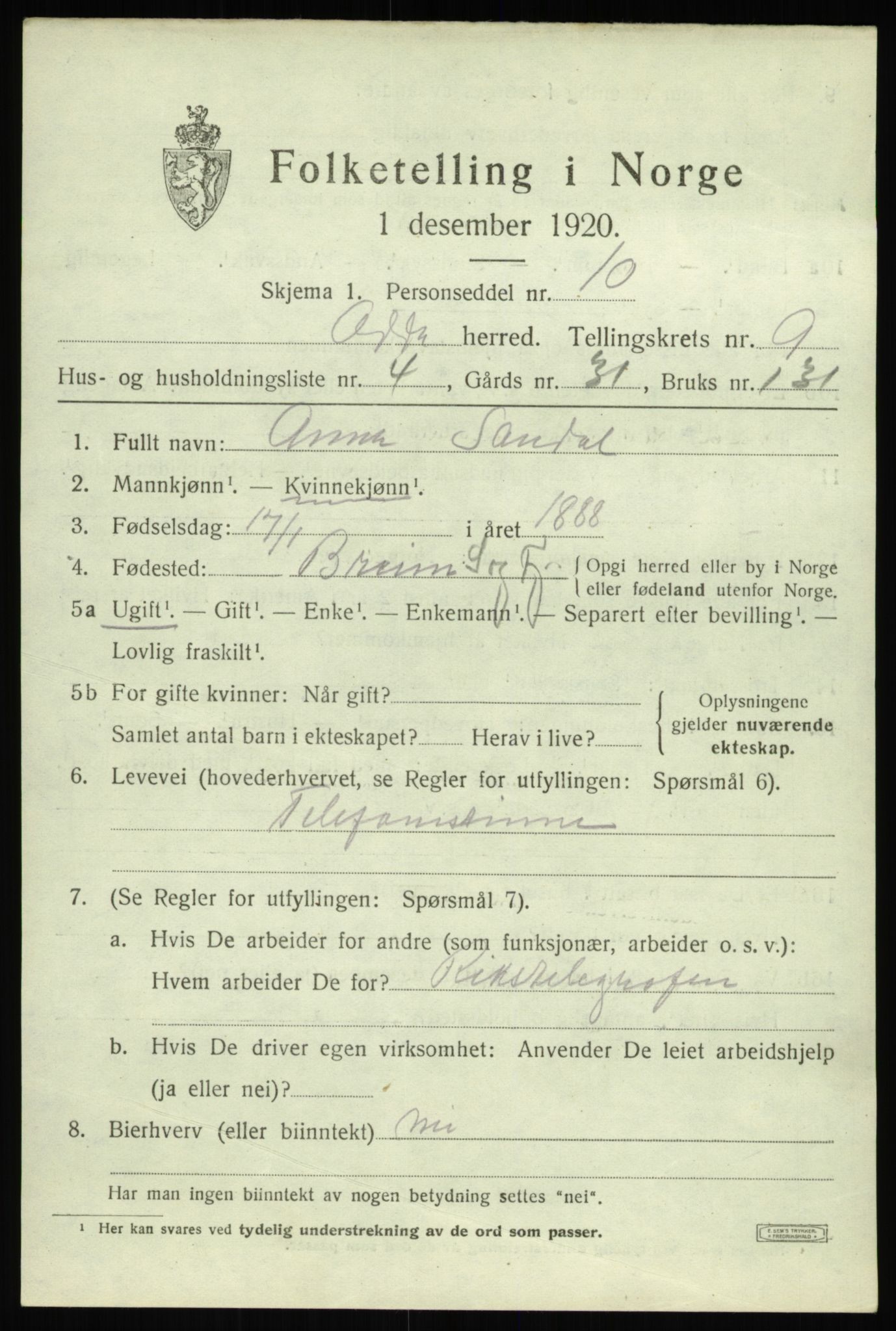 SAB, 1920 census for Odda, 1920, p. 7461