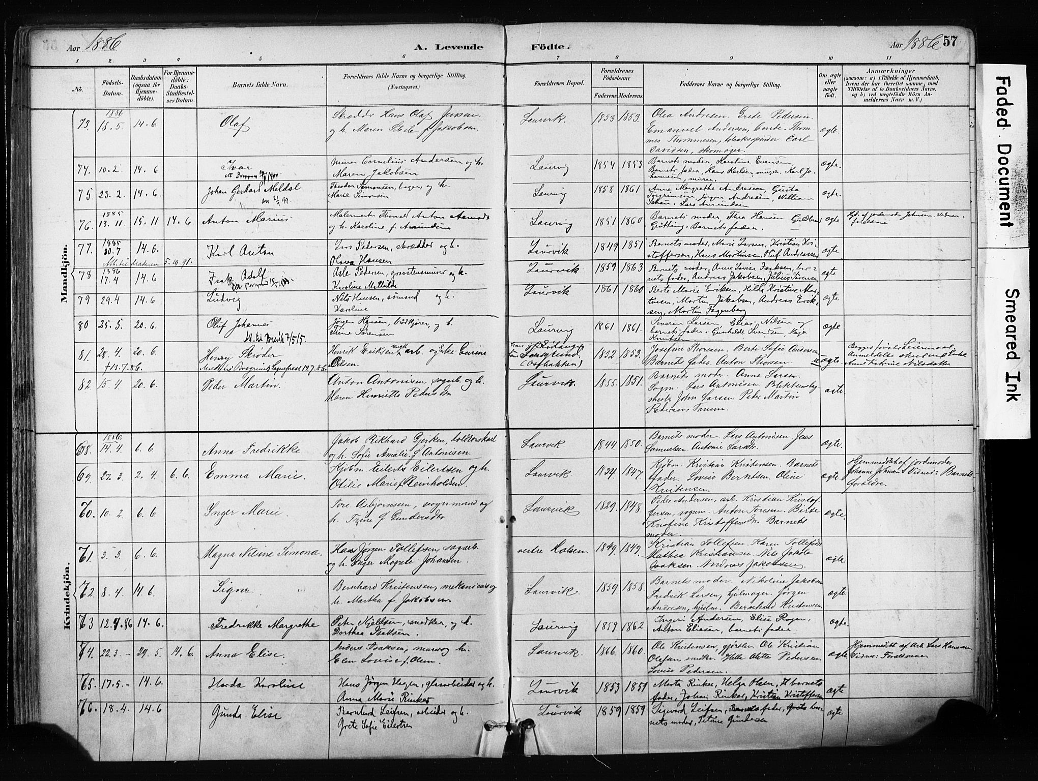 Larvik kirkebøker, SAKO/A-352/F/Fa/L0009: Parish register (official) no. I 9, 1884-1904, p. 57