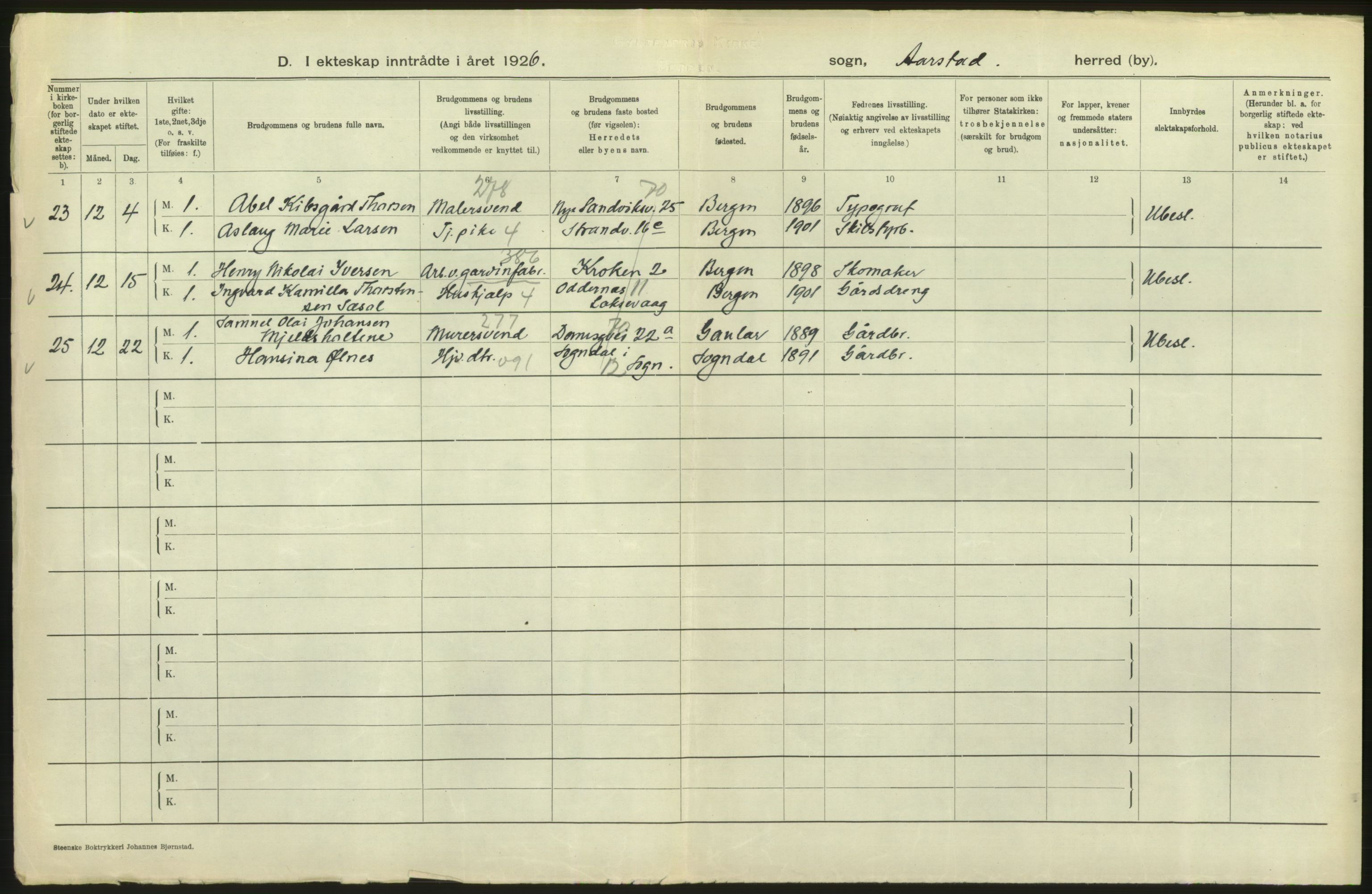 Statistisk sentralbyrå, Sosiodemografiske emner, Befolkning, RA/S-2228/D/Df/Dfc/Dfcf/L0028: Bergen: Gifte, døde, dødfødte., 1926, p. 90