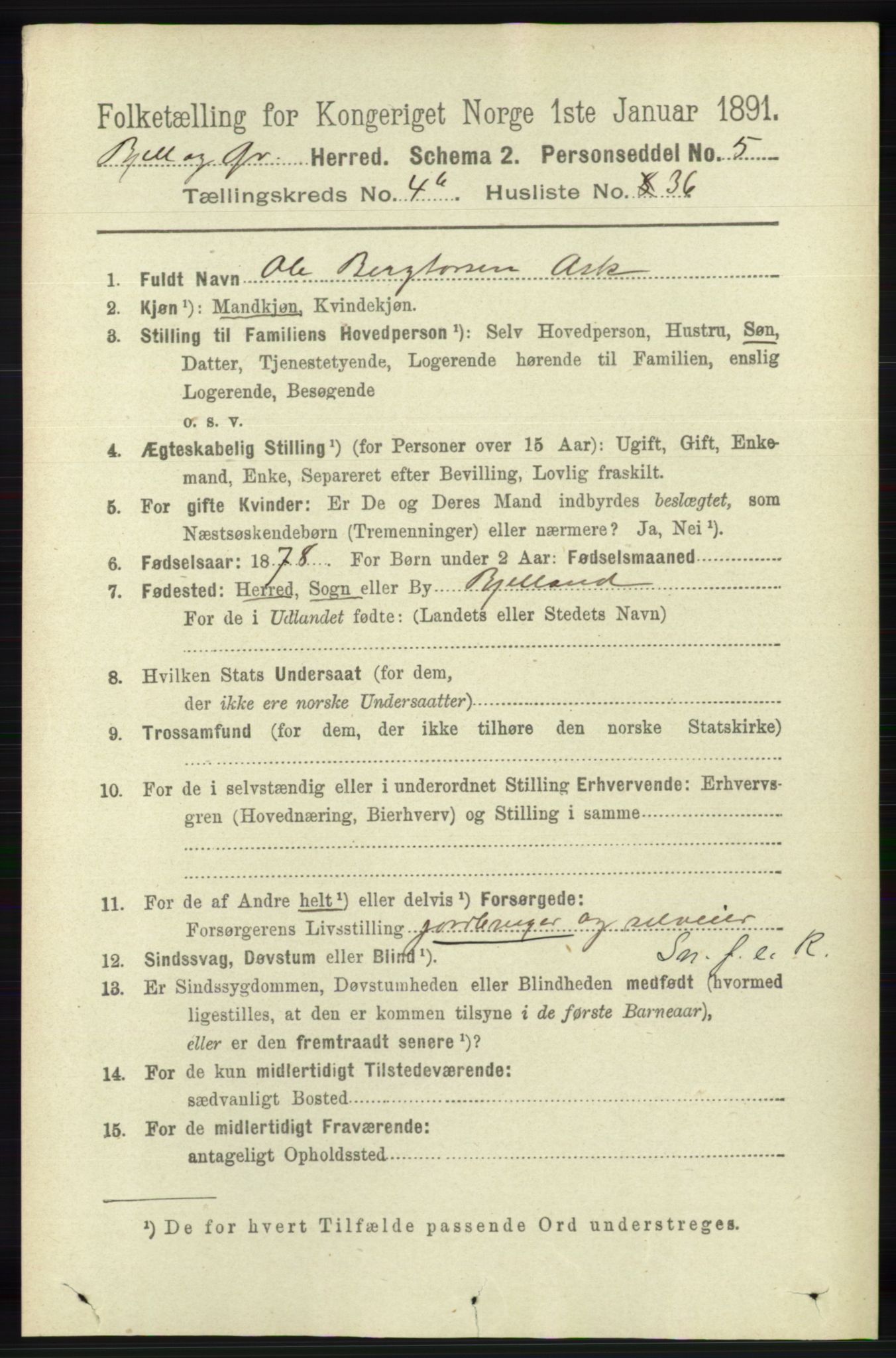 RA, 1891 census for 1024 Bjelland og Grindheim, 1891, p. 2307