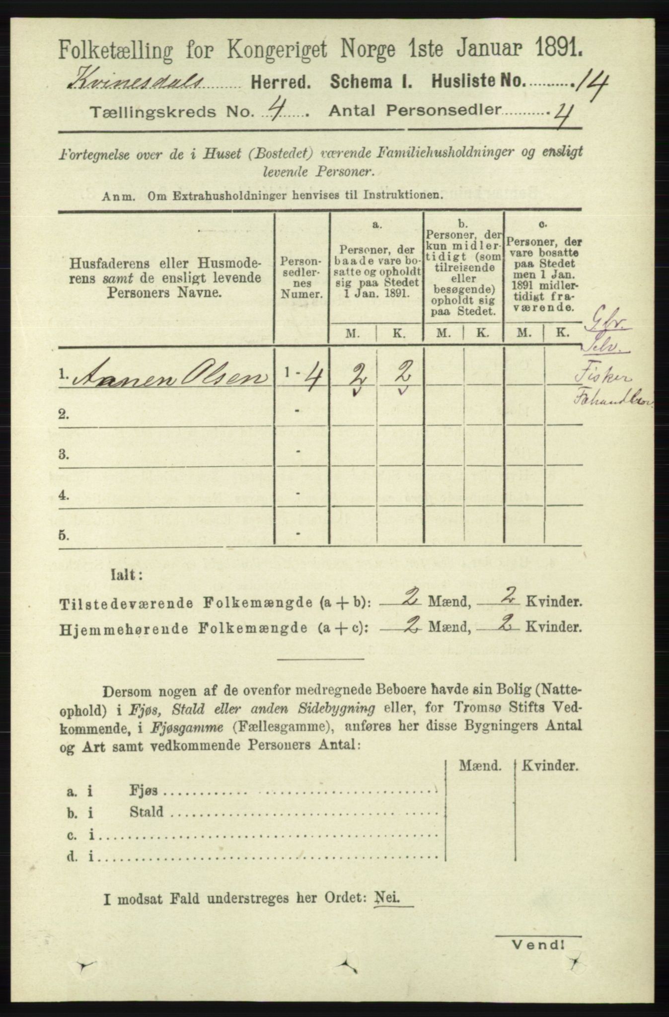 RA, 1891 census for 1037 Kvinesdal, 1891, p. 1407