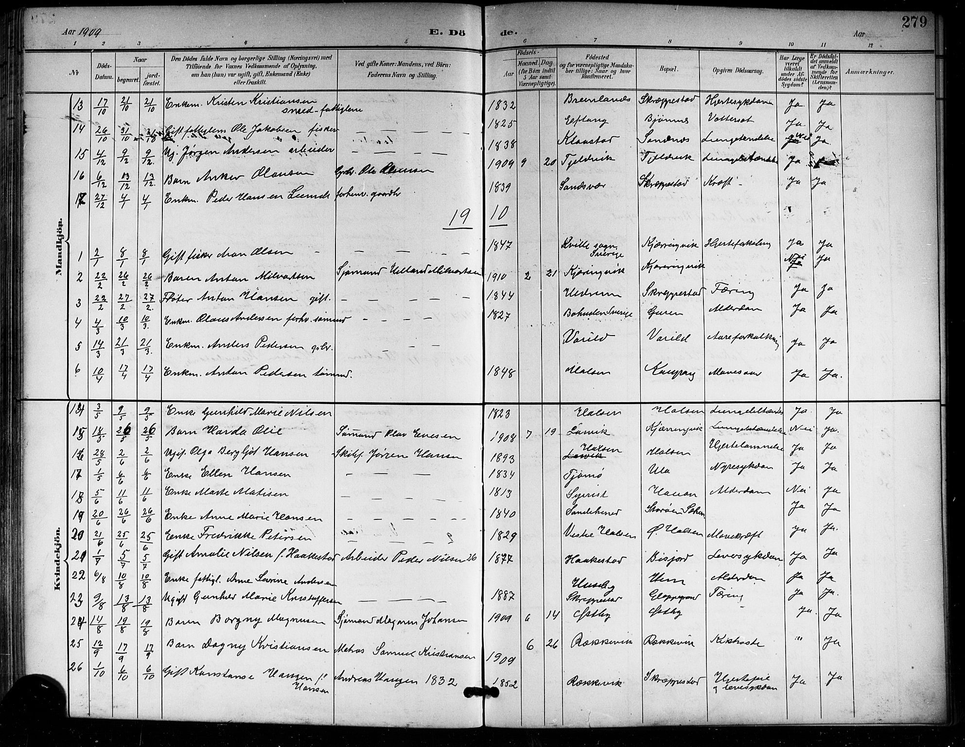 Tjølling kirkebøker, AV/SAKO-A-60/G/Ga/L0002: Parish register (copy) no. 2, 1895-1918, p. 279