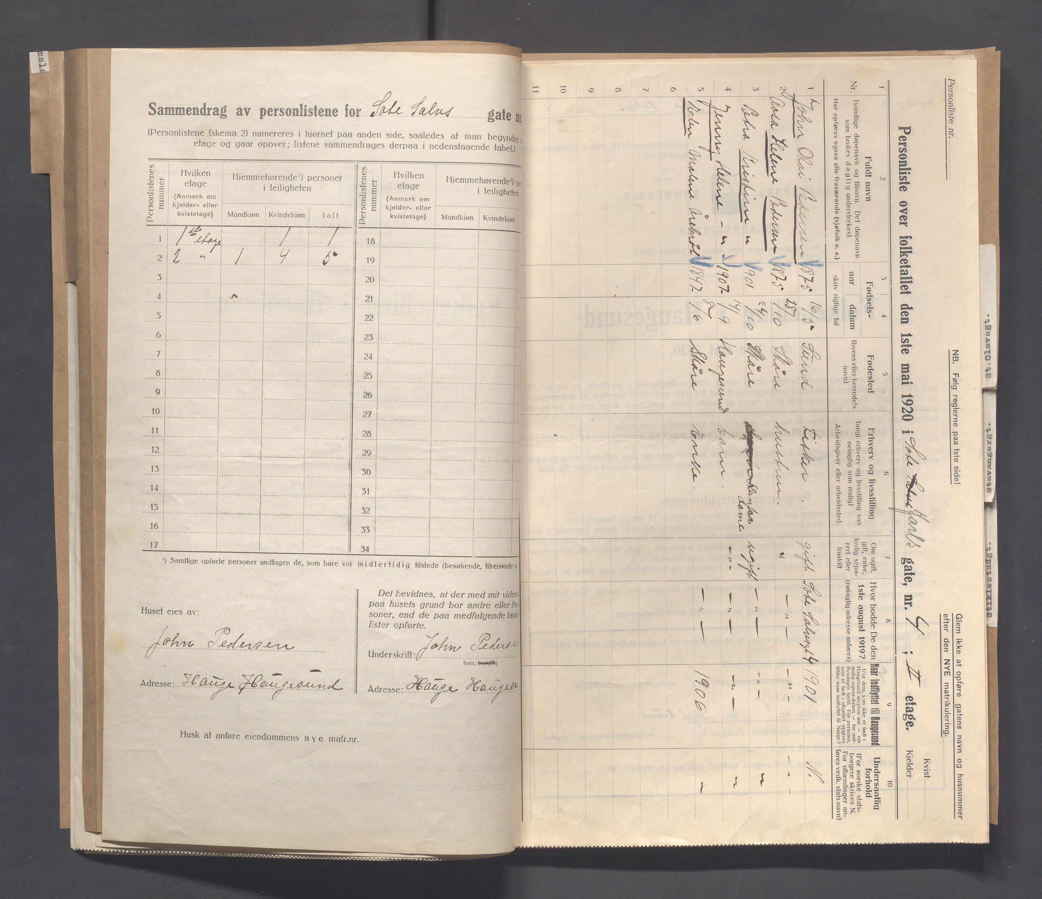 IKAR, Local census 1.5.1920 for Haugesund, 1920, p. 4052