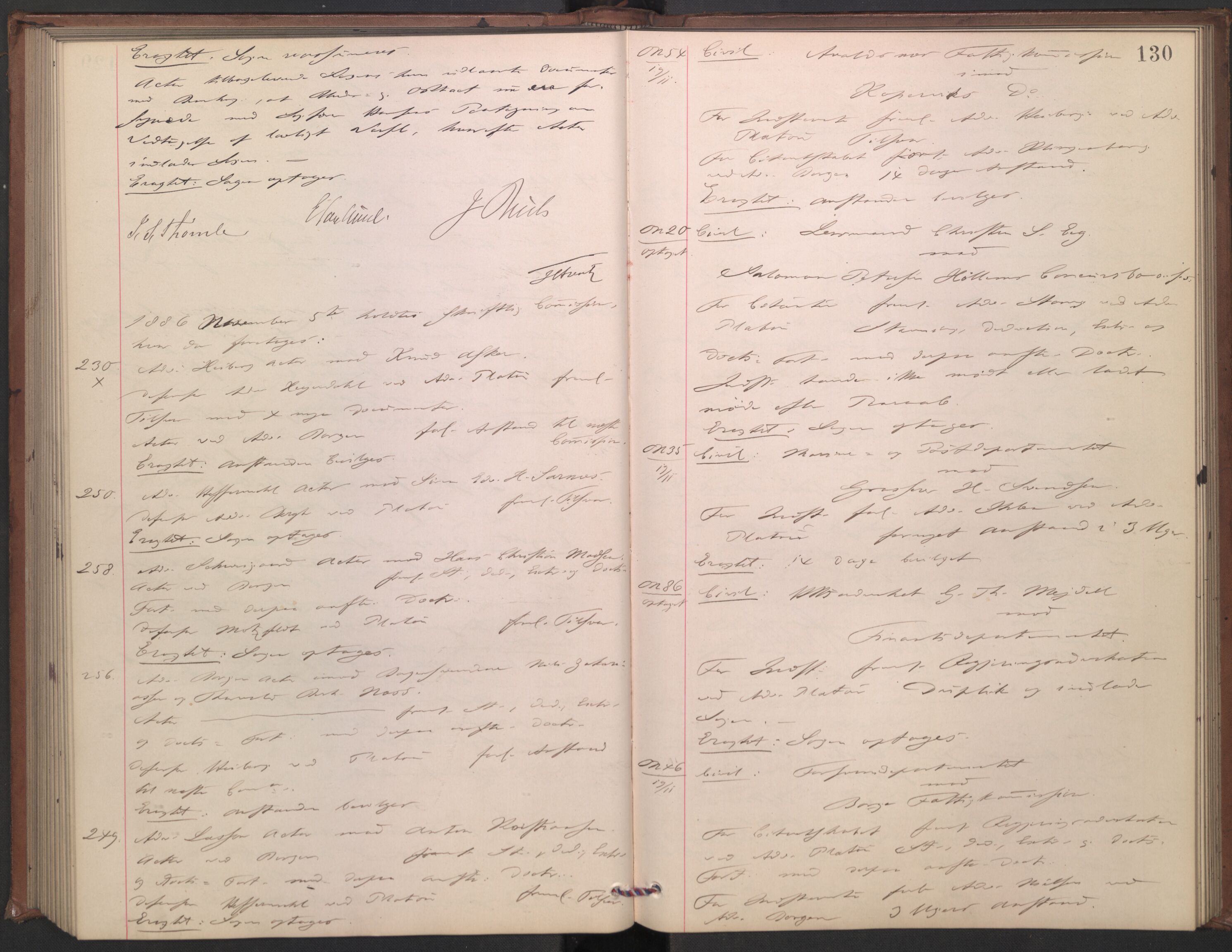 Høyesterett, AV/RA-S-1002/E/Ef/L0015: Protokoll over saker som gikk til skriftlig behandling, 1884-1888, p. 129b-130a