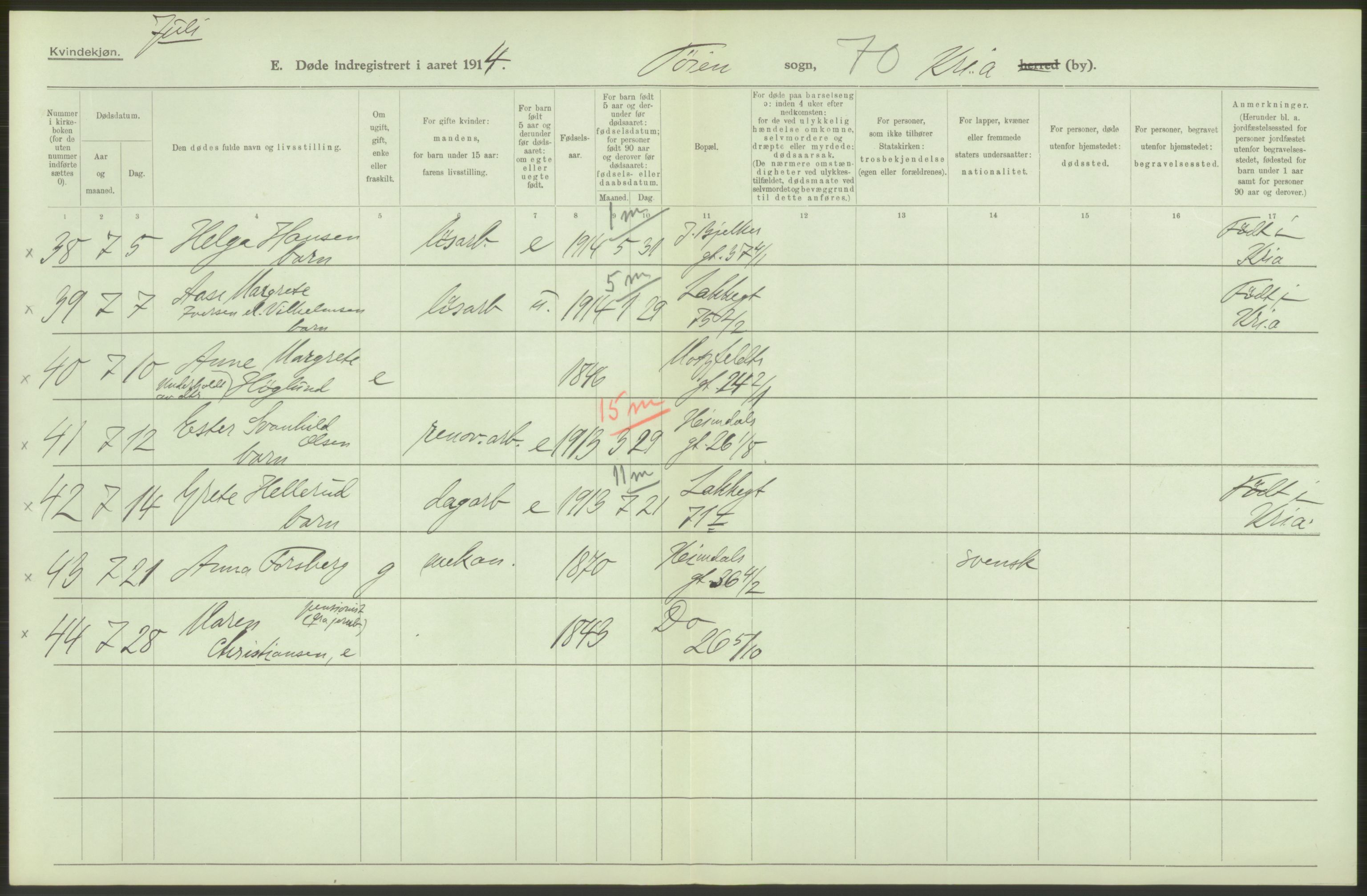 Statistisk sentralbyrå, Sosiodemografiske emner, Befolkning, AV/RA-S-2228/D/Df/Dfb/Dfbd/L0008: Kristiania: Døde, 1914, p. 104