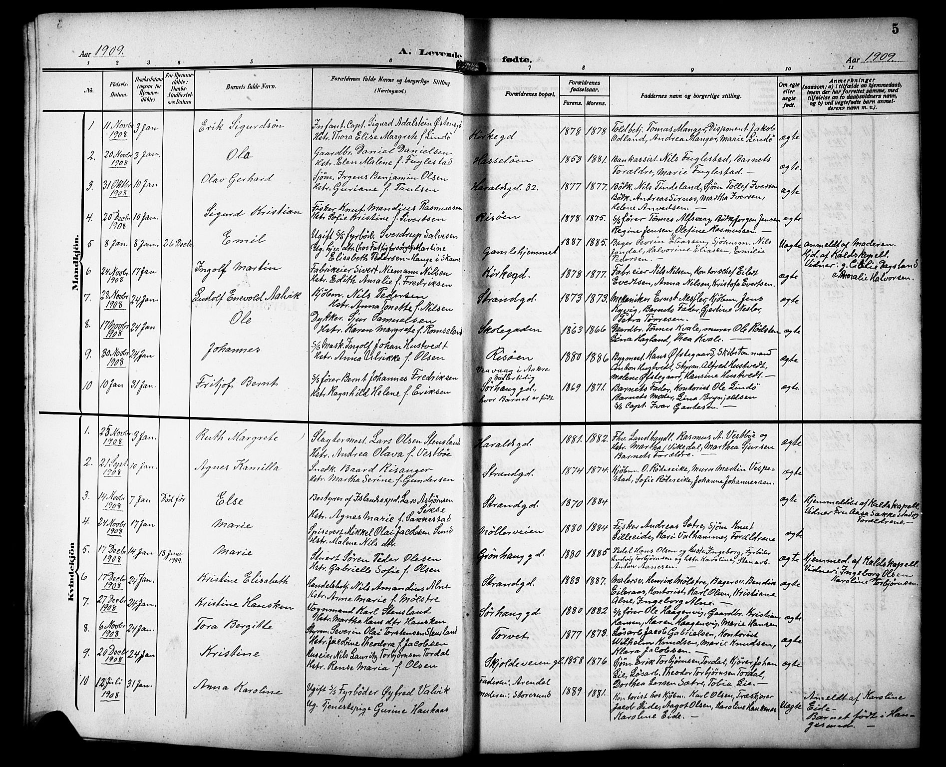 Haugesund sokneprestkontor, AV/SAST-A -101863/H/Ha/Hab/L0007: Parish register (copy) no. B 7, 1909-1920, p. 5