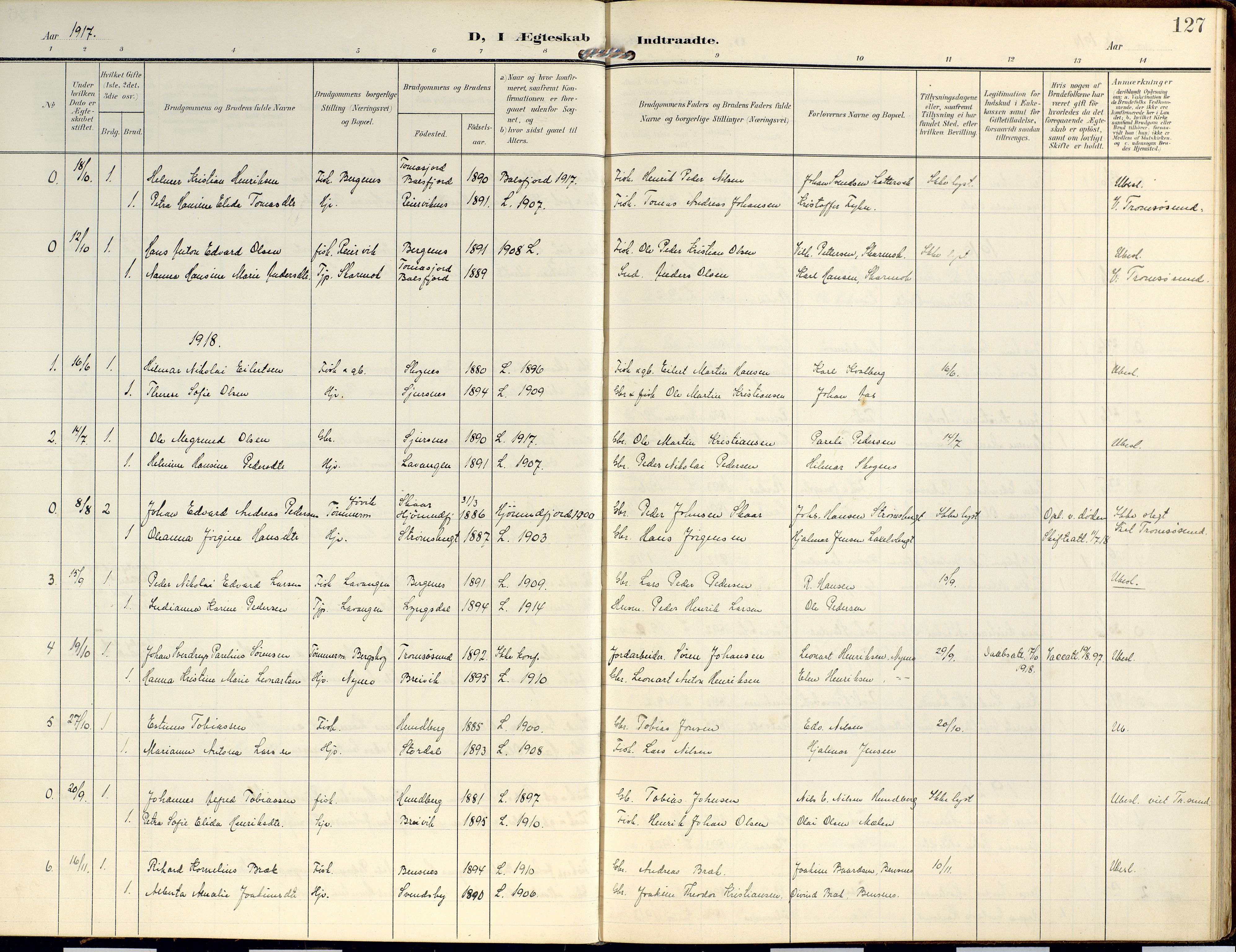Lyngen sokneprestembete, SATØ/S-1289/H/He/Hea/L0014kirke: Parish register (official) no. 14, 1905-1920, p. 127