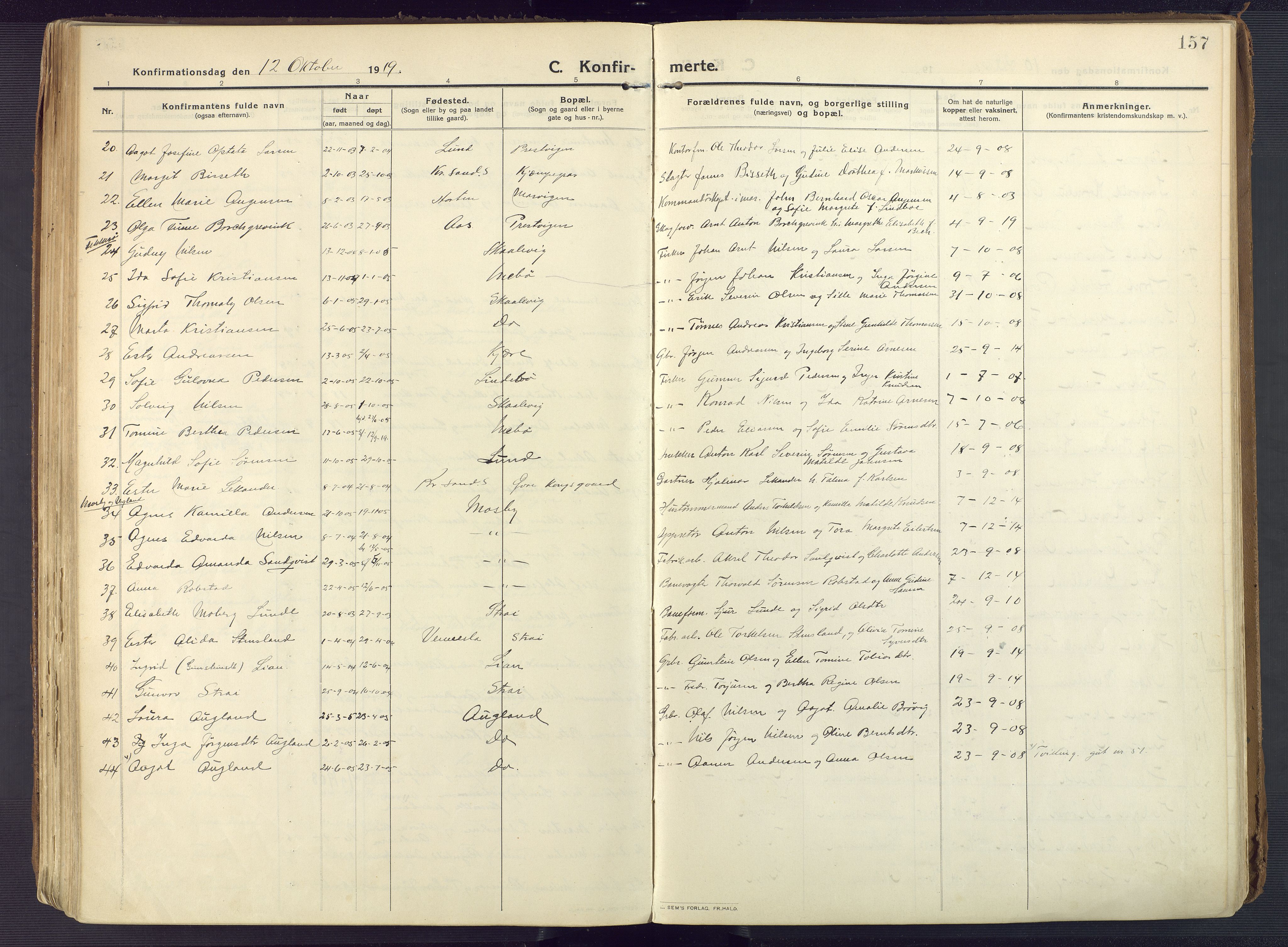 Oddernes sokneprestkontor, AV/SAK-1111-0033/F/Fa/Faa/L0012: Parish register (official) no. A 12, 1912-1925, p. 157