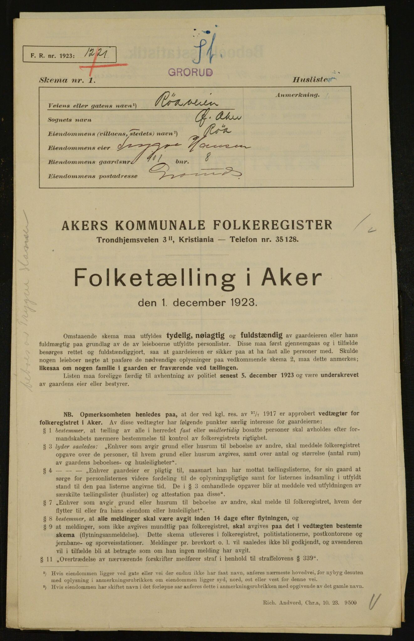 , Municipal Census 1923 for Aker, 1923, p. 30143