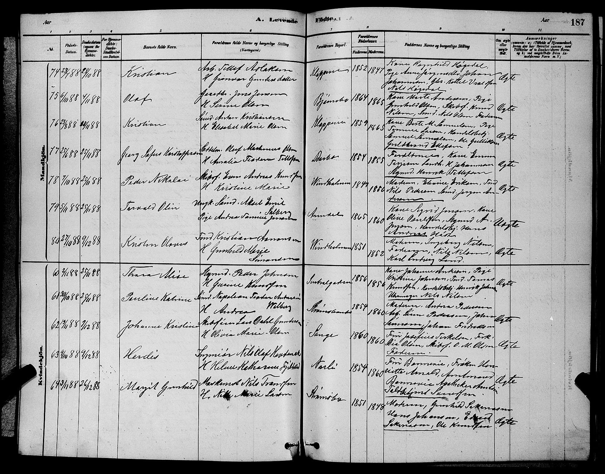 Barbu sokneprestkontor, AV/SAK-1111-0003/F/Fb/L0001: Parish register (copy) no. B 1, 1878-1890, p. 187