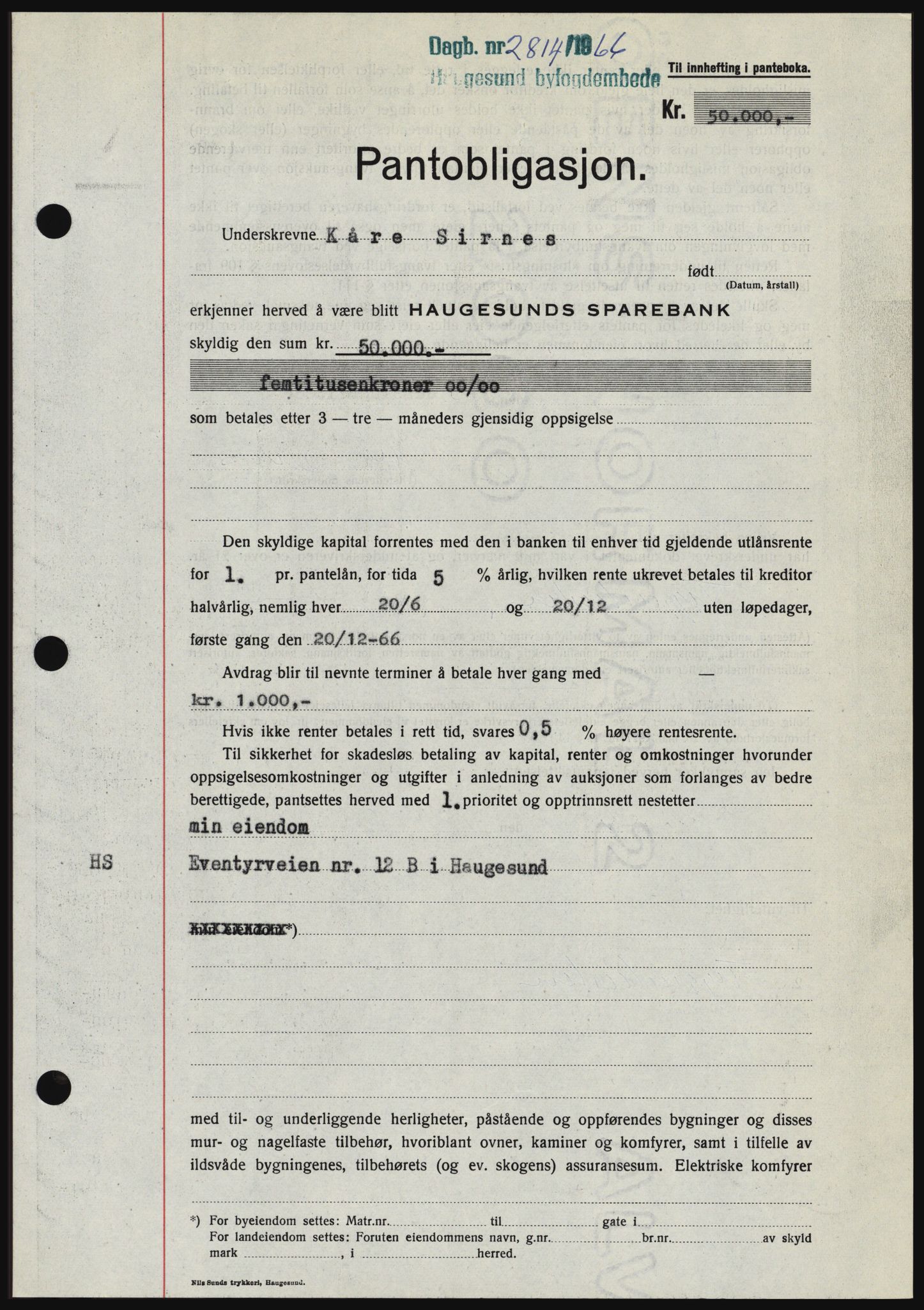 Haugesund tingrett, SAST/A-101415/01/II/IIC/L0056: Mortgage book no. B 56, 1966-1967, Diary no: : 2814/1966