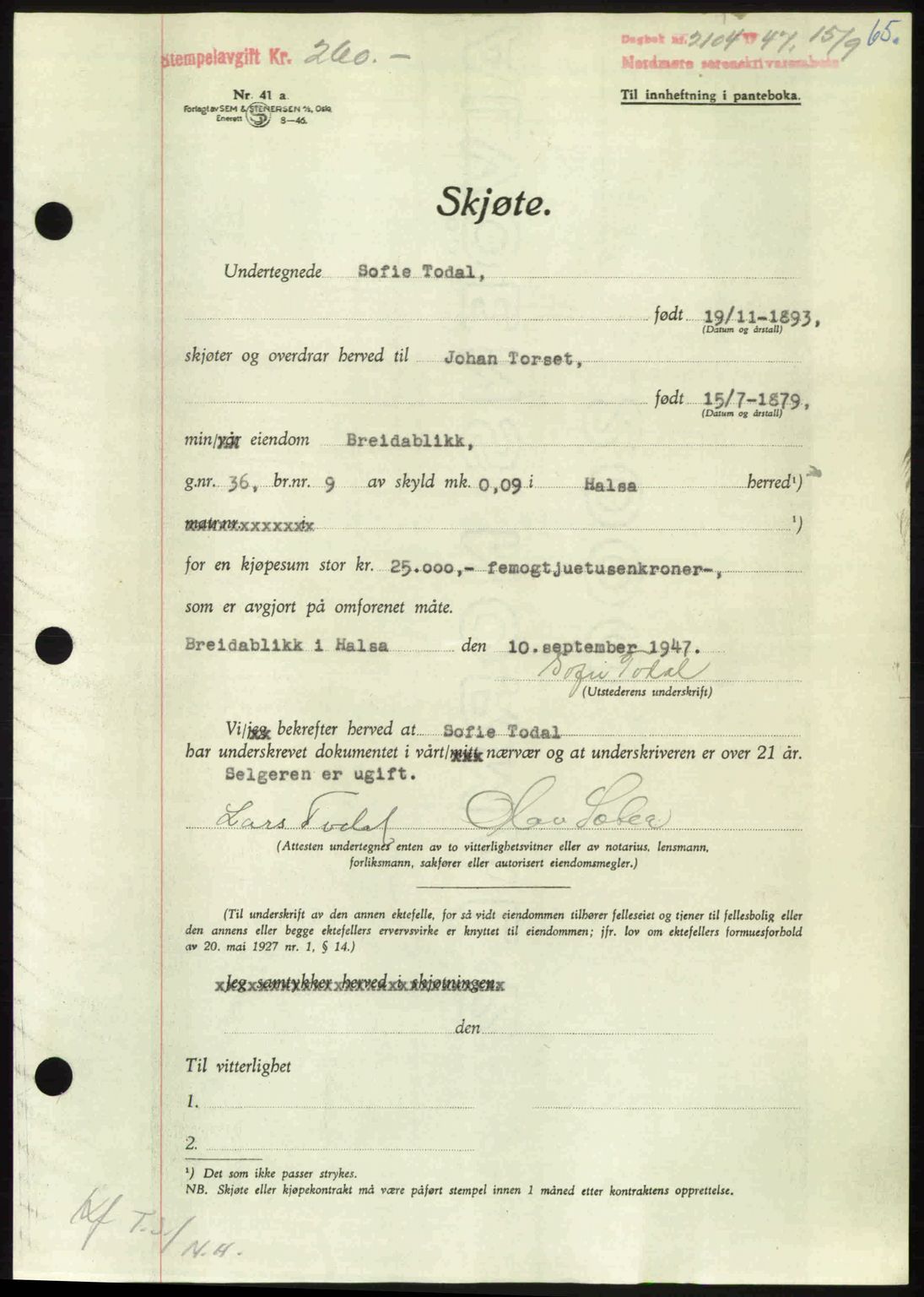 Nordmøre sorenskriveri, AV/SAT-A-4132/1/2/2Ca: Mortgage book no. A106, 1947-1947, Diary no: : 2104/1947