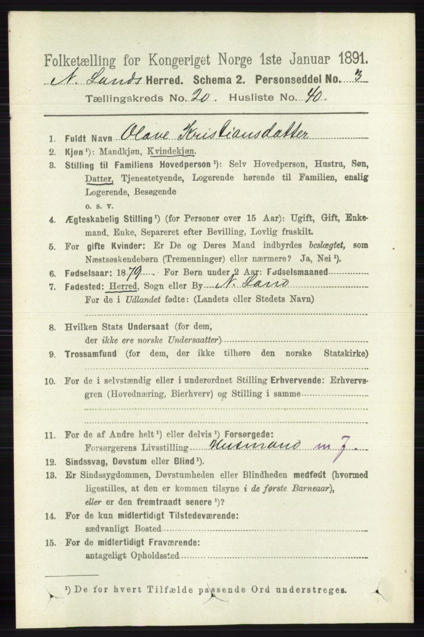 RA, 1891 census for 0538 Nordre Land, 1891, p. 5107