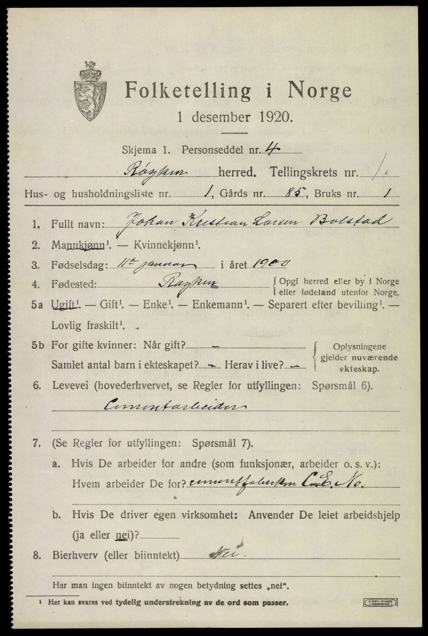 SAKO, 1920 census for Røyken, 1920, p. 1836