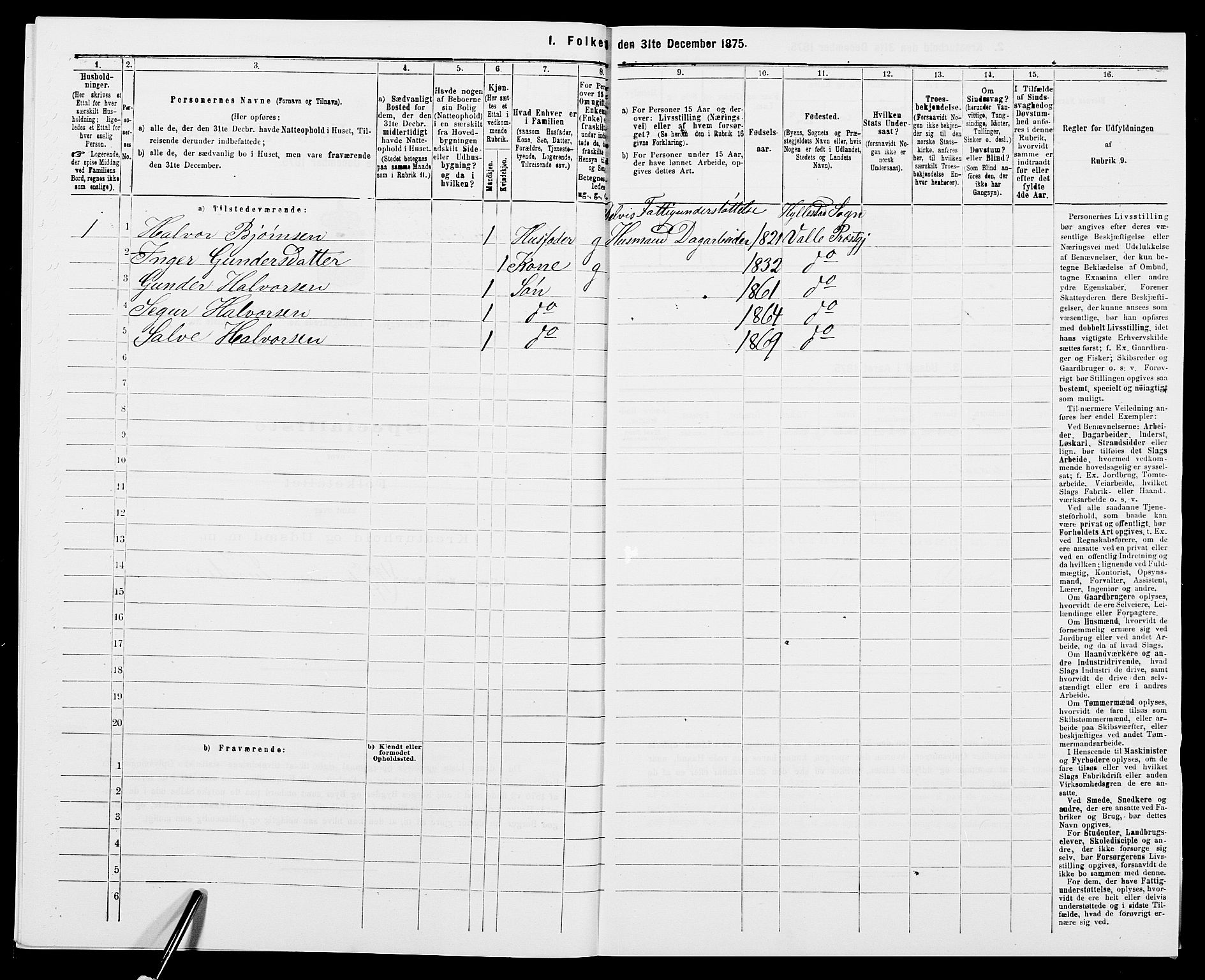 SAK, 1875 census for 0940P Valle, 1875, p. 156