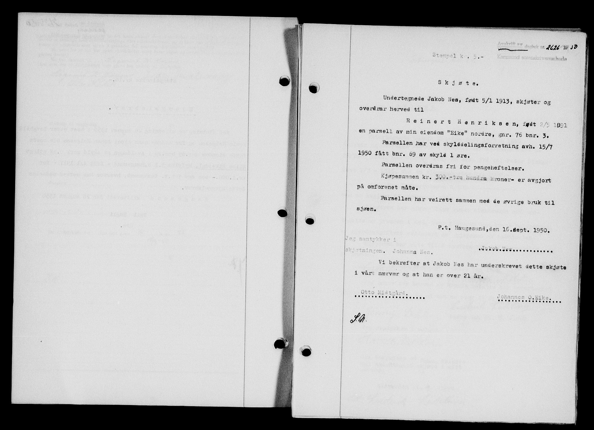 Karmsund sorenskriveri, SAST/A-100311/01/II/IIB/L0101: Mortgage book no. 81A, 1950-1951, Diary no: : 2626/1950