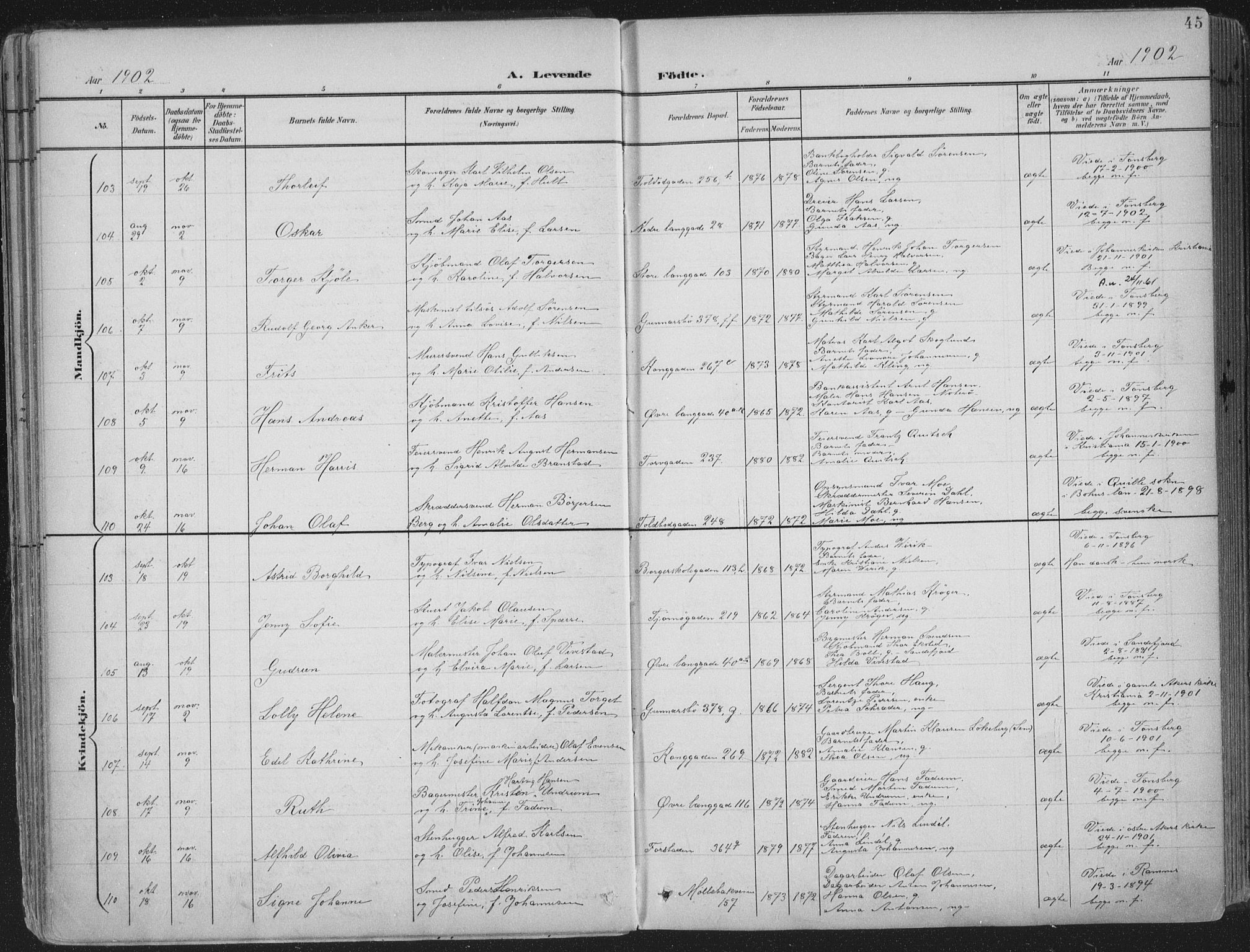 Tønsberg kirkebøker, SAKO/A-330/F/Fa/L0014: Parish register (official) no. I 14, 1900-1913, p. 45
