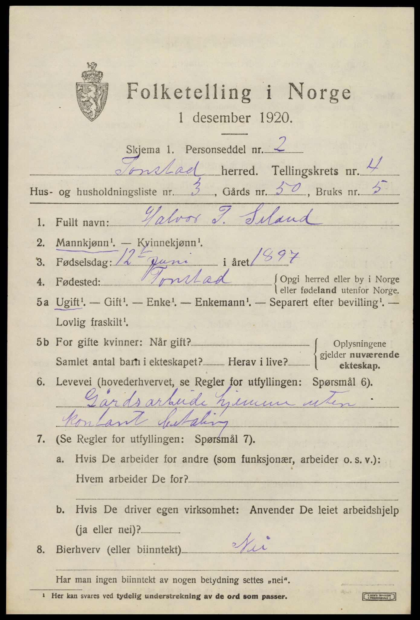 SAK, 1920 census for Tonstad, 1920, p. 1306