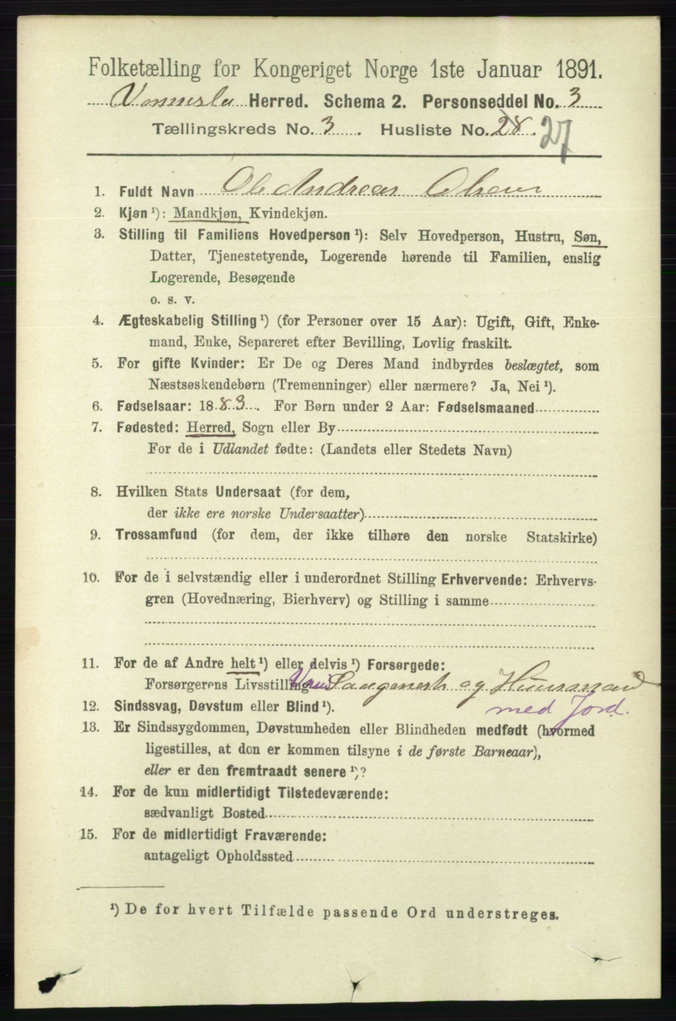 RA, 1891 census for 1014 Vennesla, 1891, p. 809