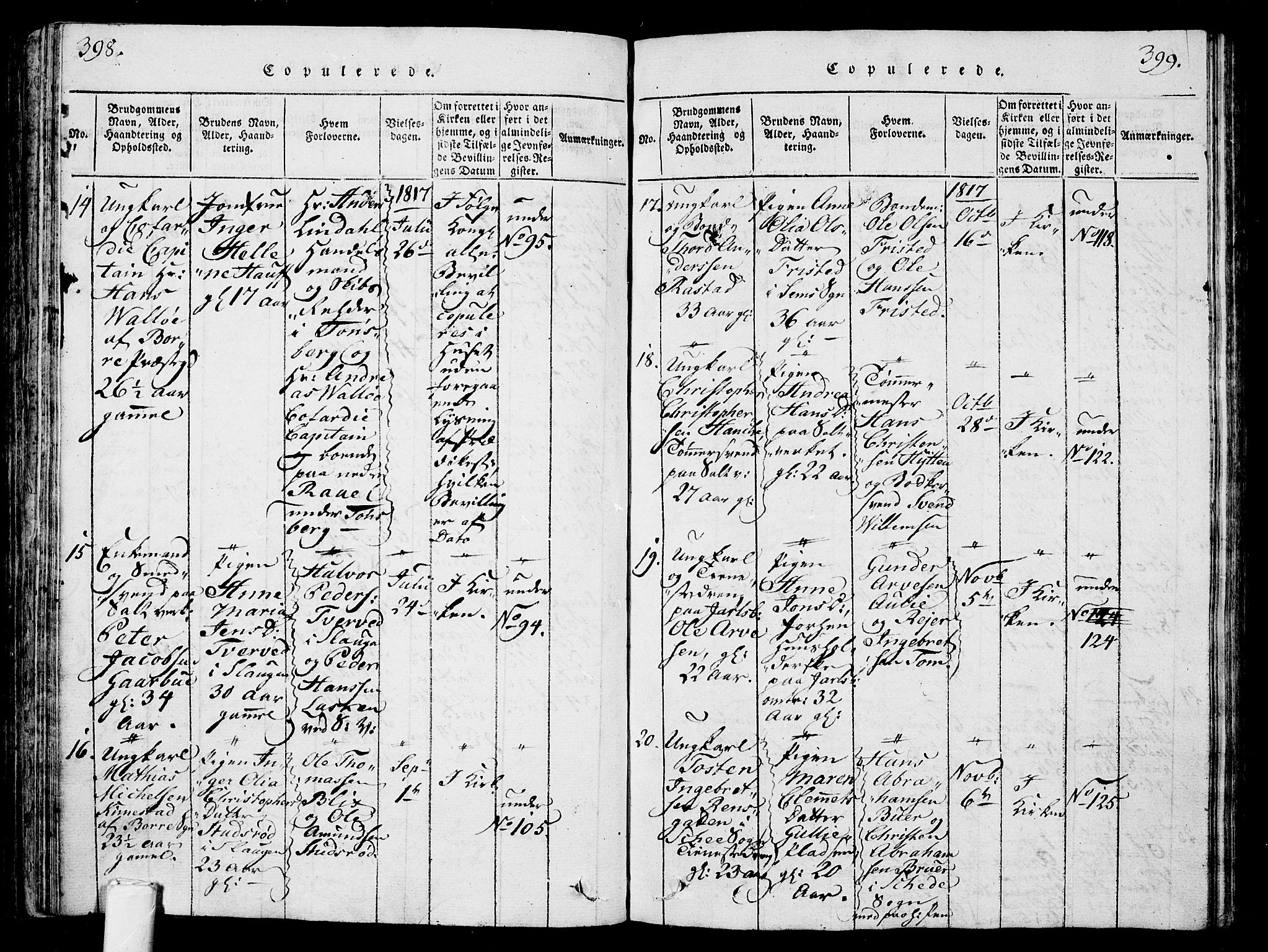 Sem kirkebøker, AV/SAKO-A-5/G/Ga/L0001: Parish register (copy) no. I 1, 1814-1825, p. 398-399