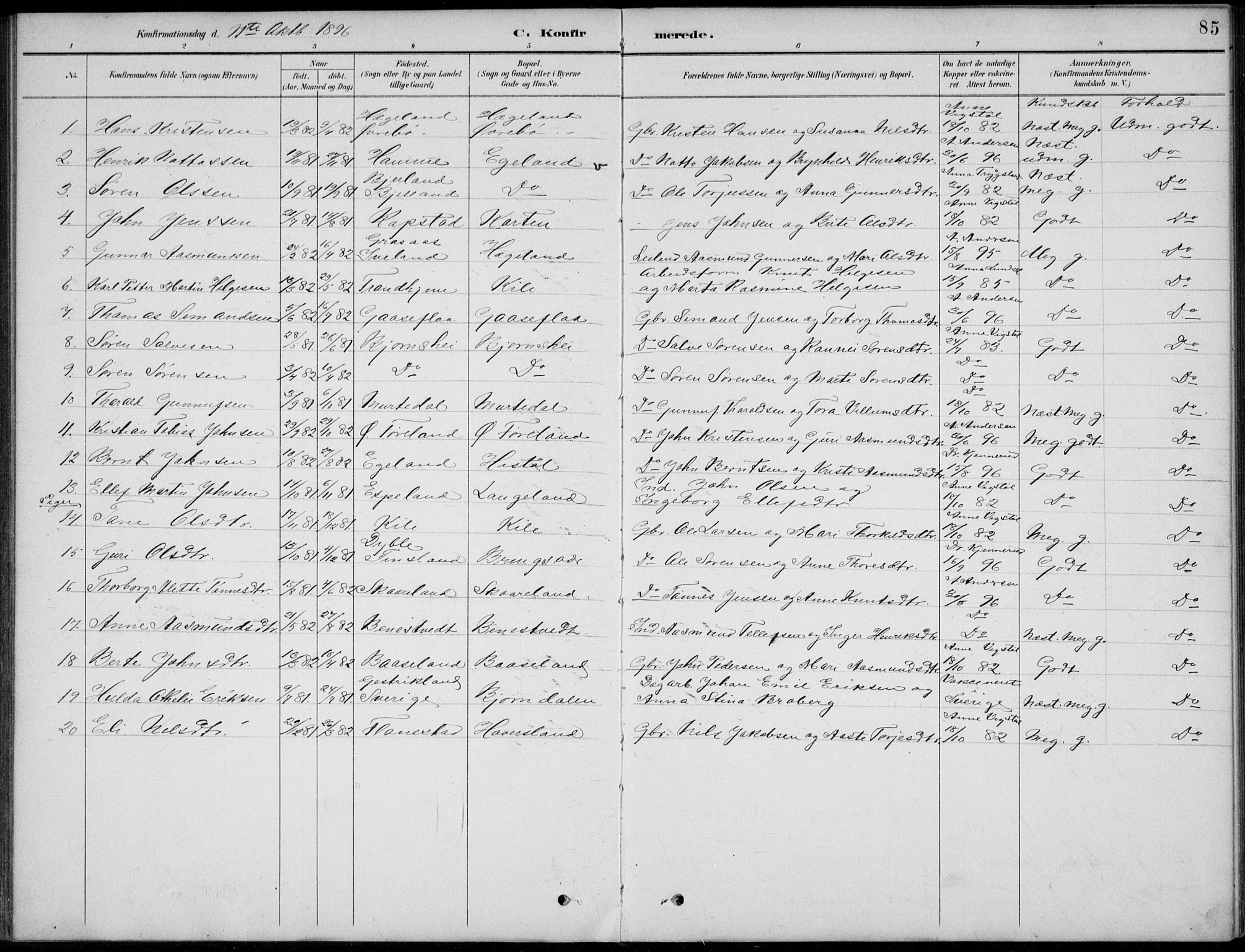 Vennesla sokneprestkontor, AV/SAK-1111-0045/Fb/Fba/L0003: Parish register (copy) no. B 3, 1890-1919, p. 85