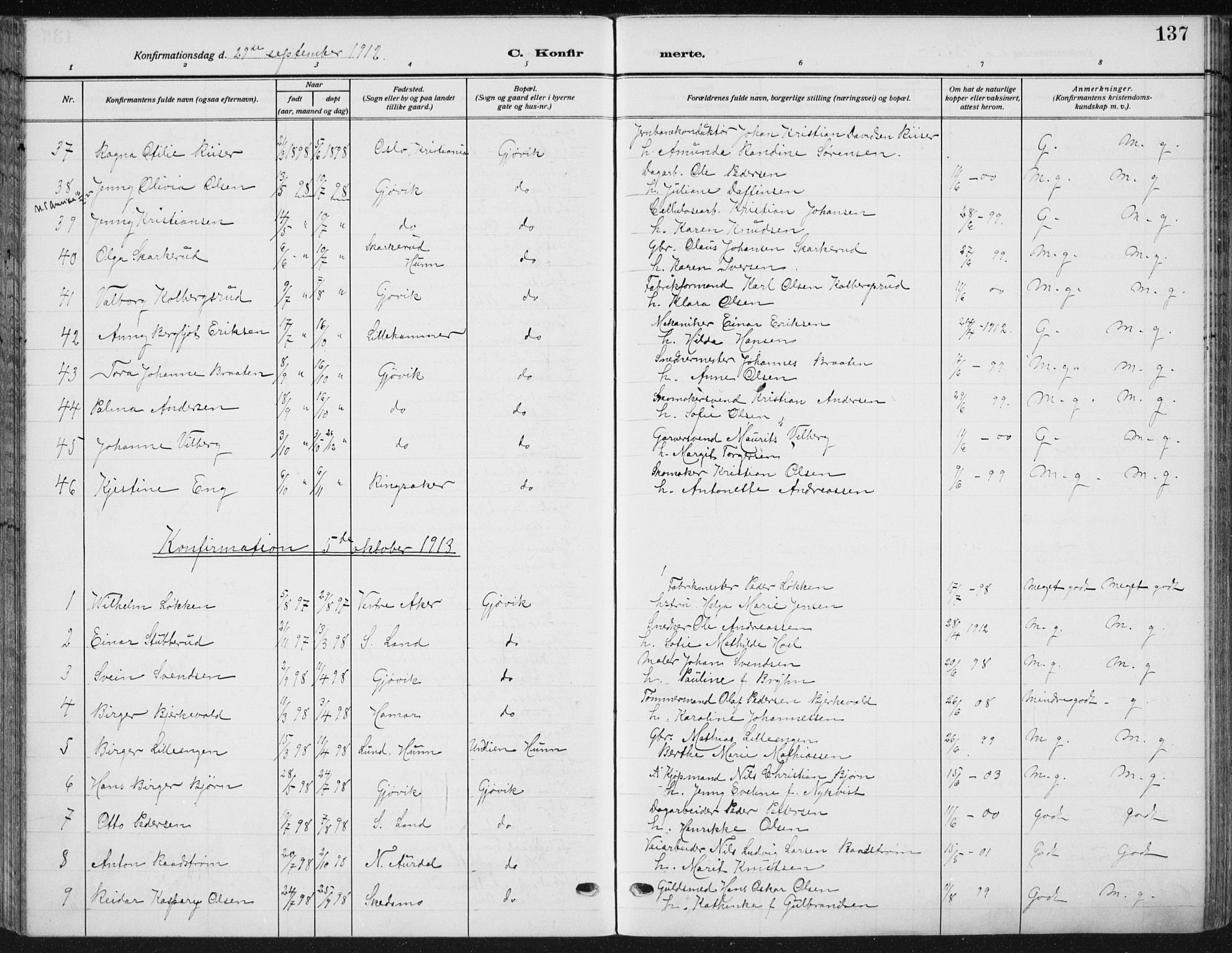 Vardal prestekontor, SAH/PREST-100/H/Ha/Haa/L0014: Parish register (official) no. 14, 1912-1922, p. 137