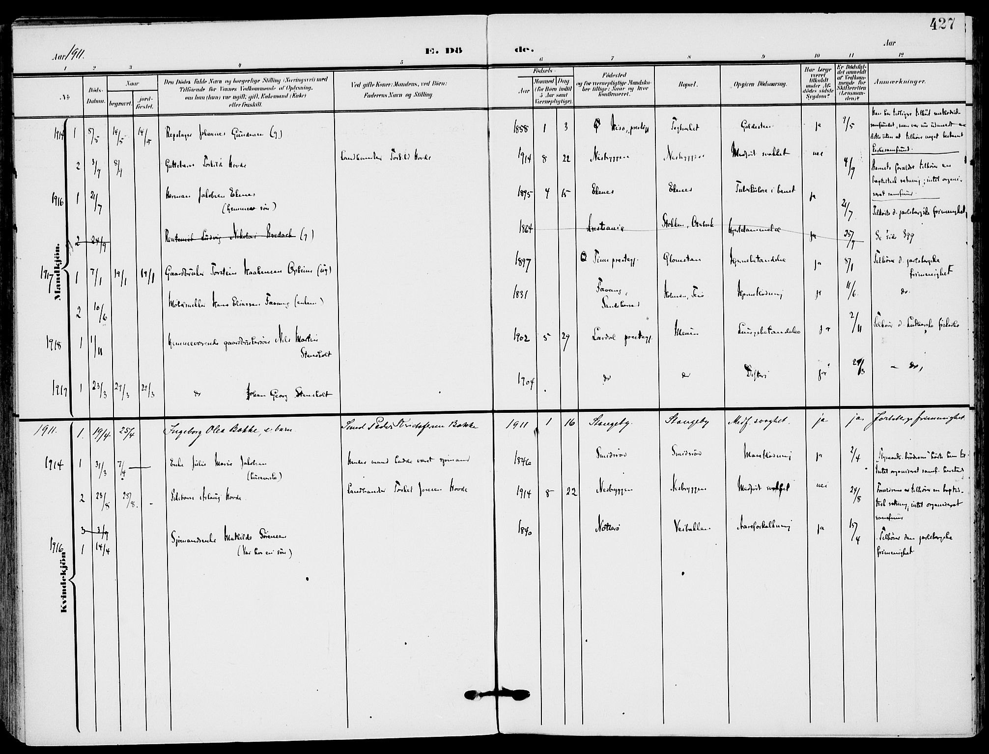 Nøtterøy kirkebøker, AV/SAKO-A-354/F/Fa/L0010: Parish register (official) no. I 10, 1908-1919, p. 427