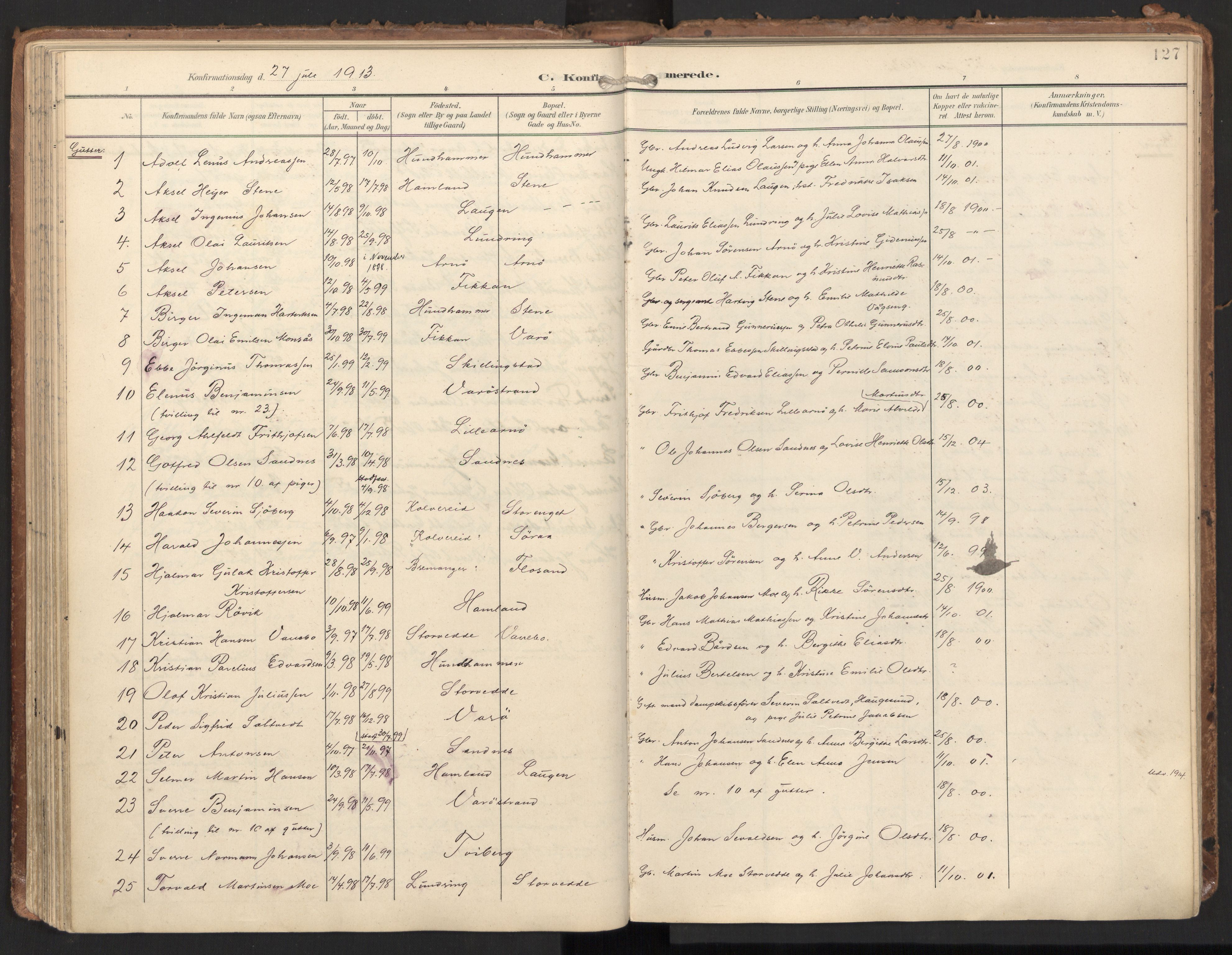 Ministerialprotokoller, klokkerbøker og fødselsregistre - Nord-Trøndelag, AV/SAT-A-1458/784/L0677: Parish register (official) no. 784A12, 1900-1920, p. 127