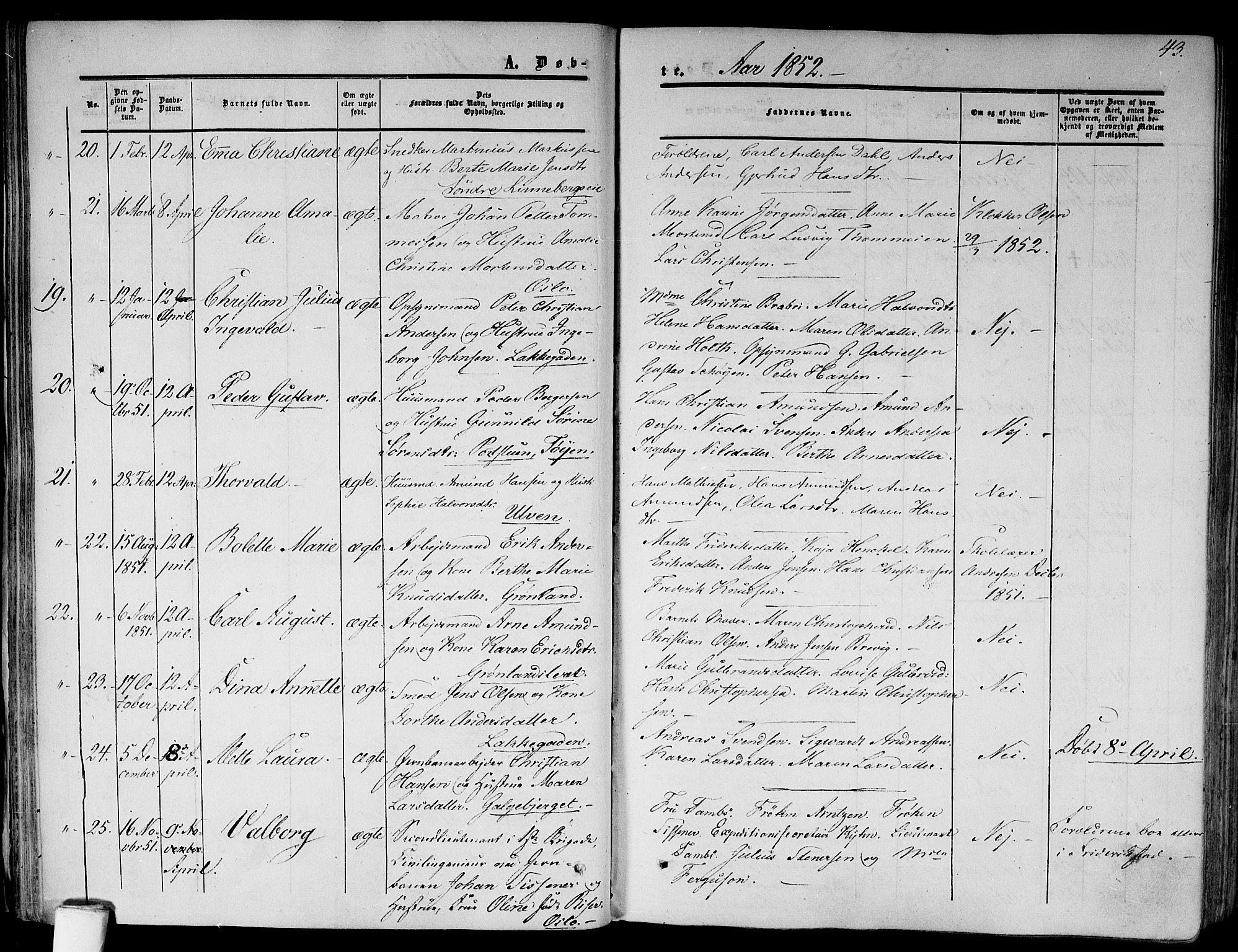Gamlebyen prestekontor Kirkebøker, SAO/A-10884/F/Fa/L0004: Parish register (official) no. 4, 1850-1857, p. 43